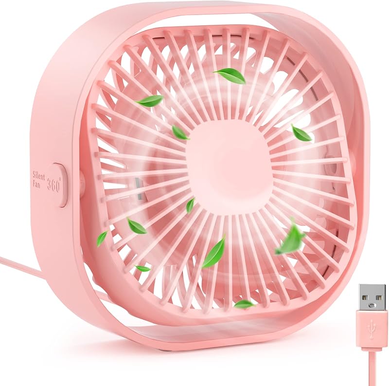 RJVW Ventilador de escritorio USB pequeño de 4 pulgadas, ventilador de refrigeración giratorio de 360° y 3 velocidades | Ventilador de escritorio alimentado por USB para el hogar, oficina, dormitorio, interior, exterior, regalo de verano