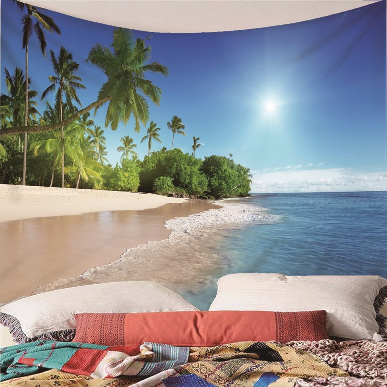 Tenture Murale Bohème Coucher De Soleil Mer - 350x256 Cm, Polyester, Motif Plage Grotte