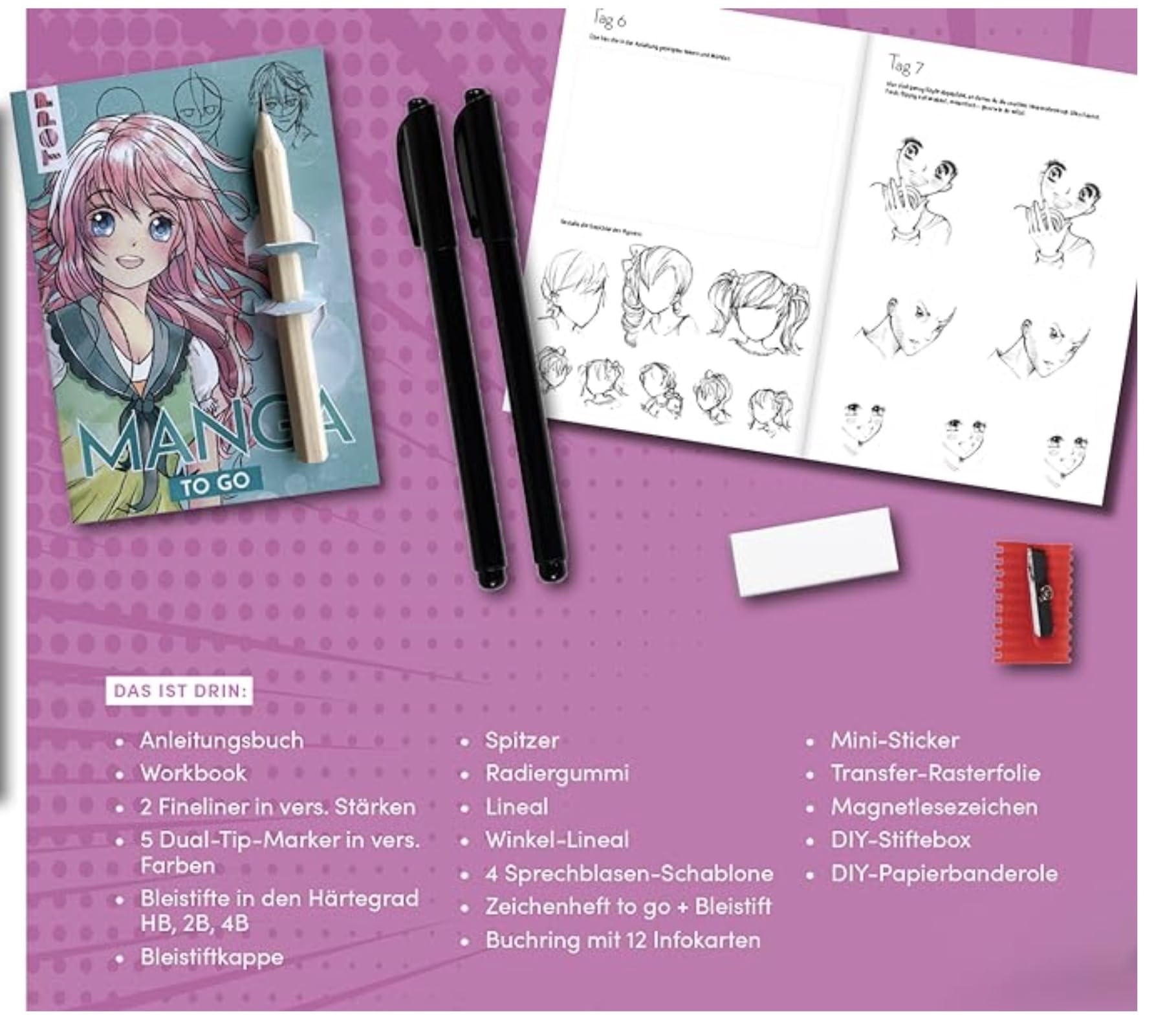 Manga zeichnen Adventskalender - Manga zeichnen lernen in 24 Tagen, Mit Anleitungsbuch, Workbook und Zeichenmaterial Box (38,5 x 26,5 x 5 cm) mit 24 kleinen Boxen