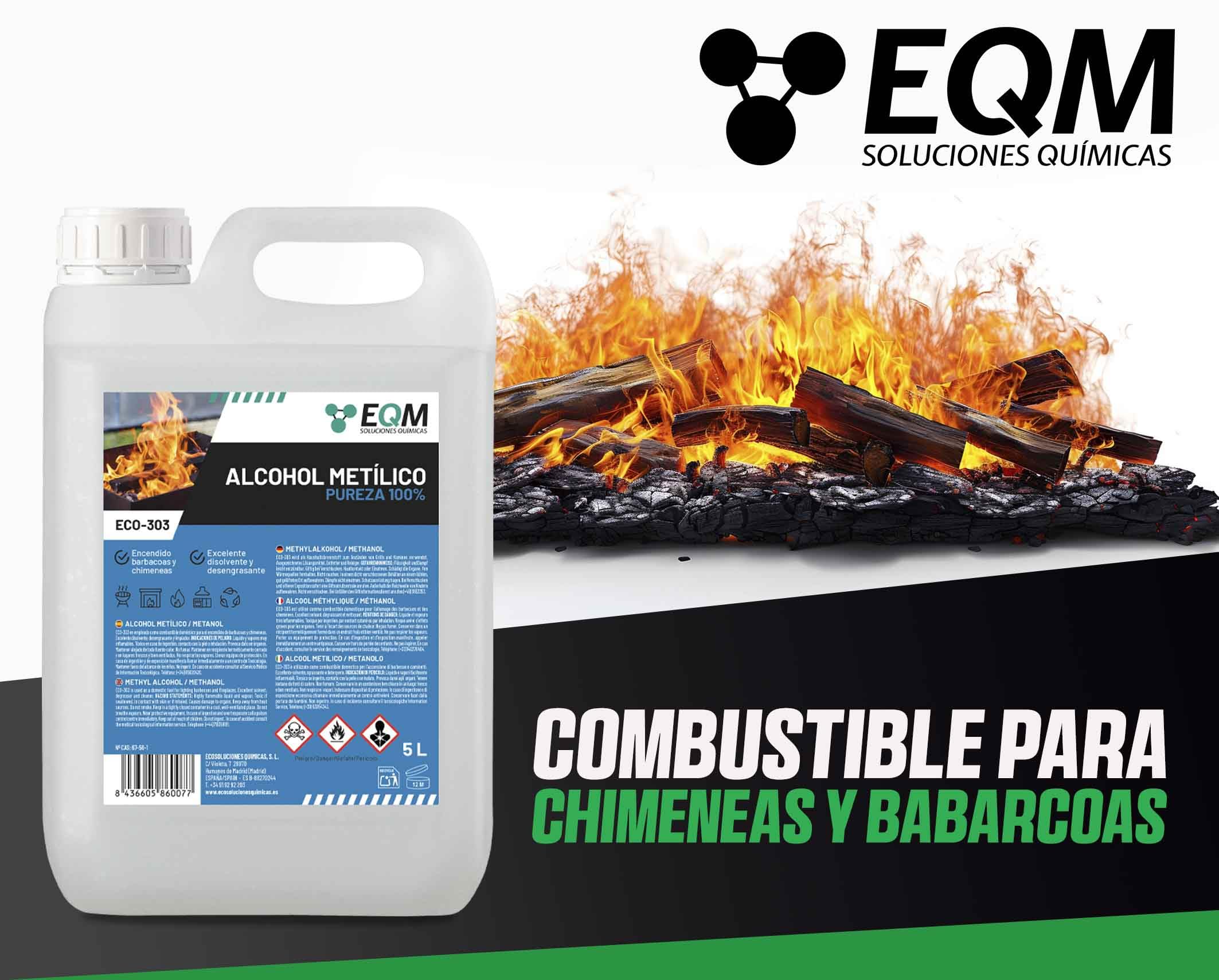 EQM - ECO-303 - Alcohol Metílico 99% Pureza - Metanol - 5L - Combustible de chimeneas y barbacoas - Disolvente industrial, desengrasante y limpiador de superficies