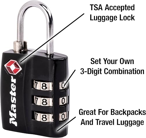 Miniatura 3 de Master Lock Cerradura de equipaje negra aprobada por la TSA con cuerpo de bloqueo ancho y grillete de acero fino y duradero, cierre de cremallera
