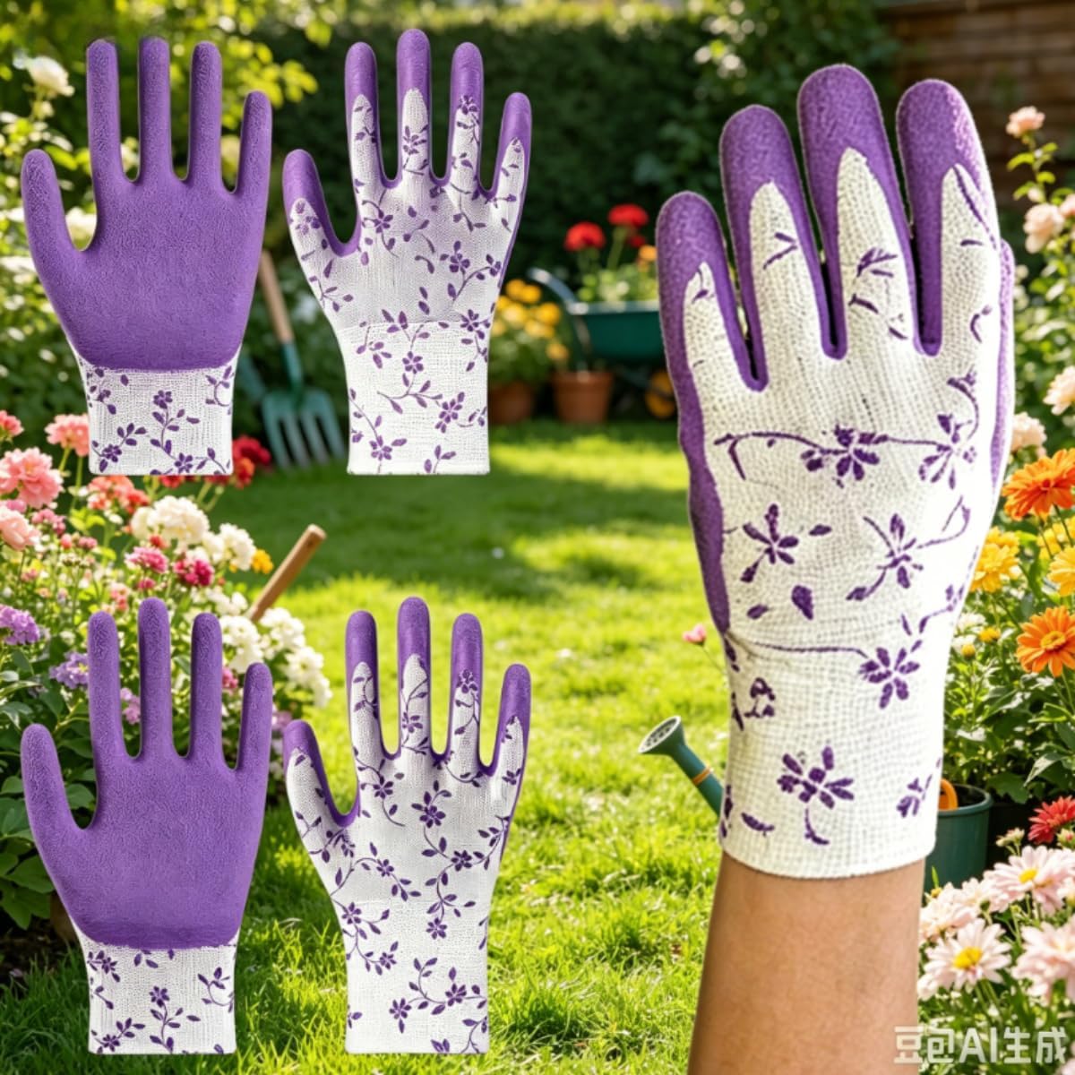 Gardening Gloves 2 Pairs Garden Work Gloves for Women Floral Print Coated Protective Gloves for Planting Pruning