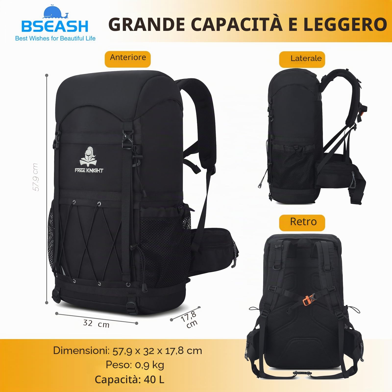 Bseash Zaino da trekking impermeabile da 40 litri con copertura antipioggia, borsa da viaggio per sport all'aria aperta, campeggio, arrampicata, ciclismo, sci, nero, 40L, Per esterni
