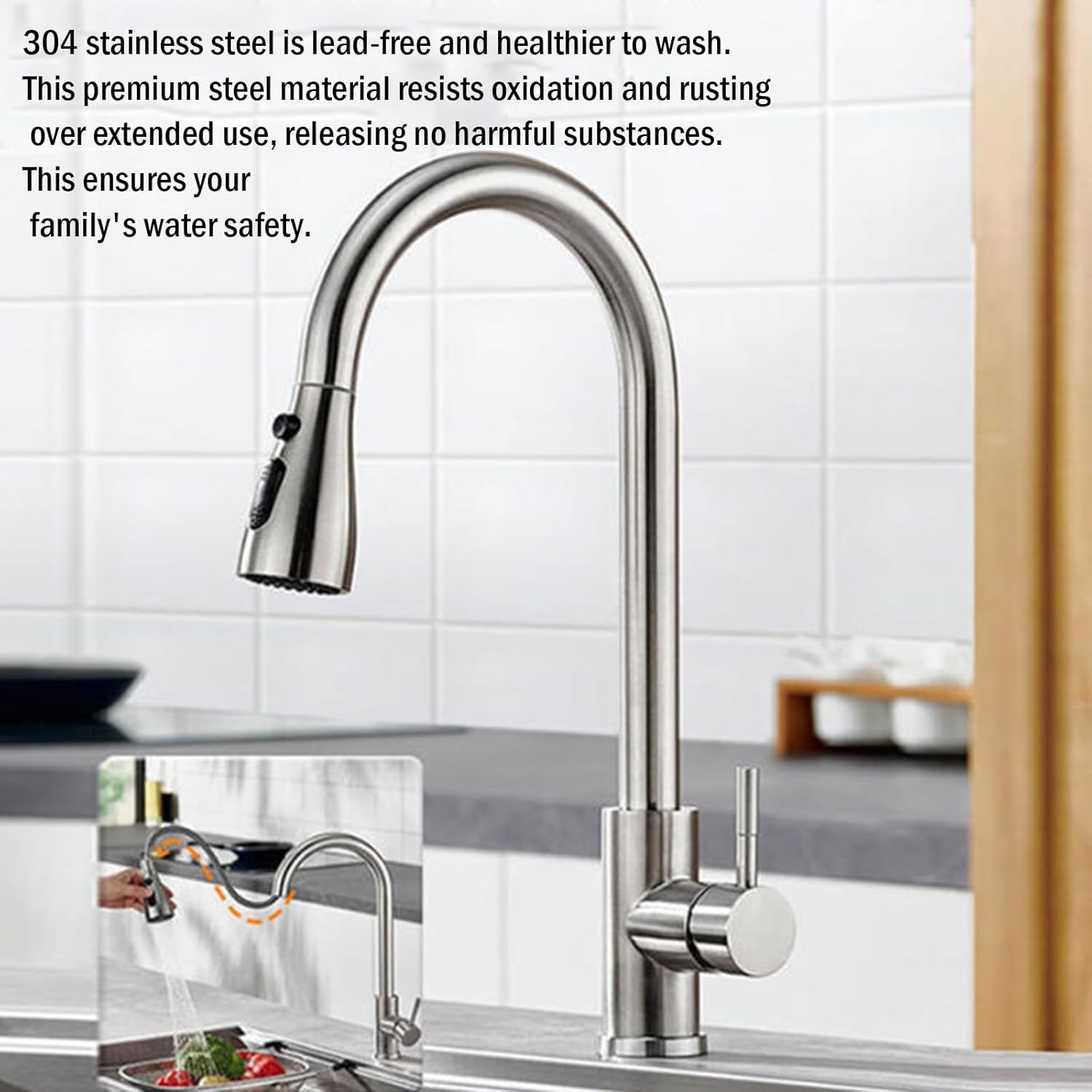 キッチンシンクミキサータップ、引き出し式スプレー、デッキプレート付きブラッシュドステンレススチール製蛇口、360&deg;回転吐水口、ろ過さ