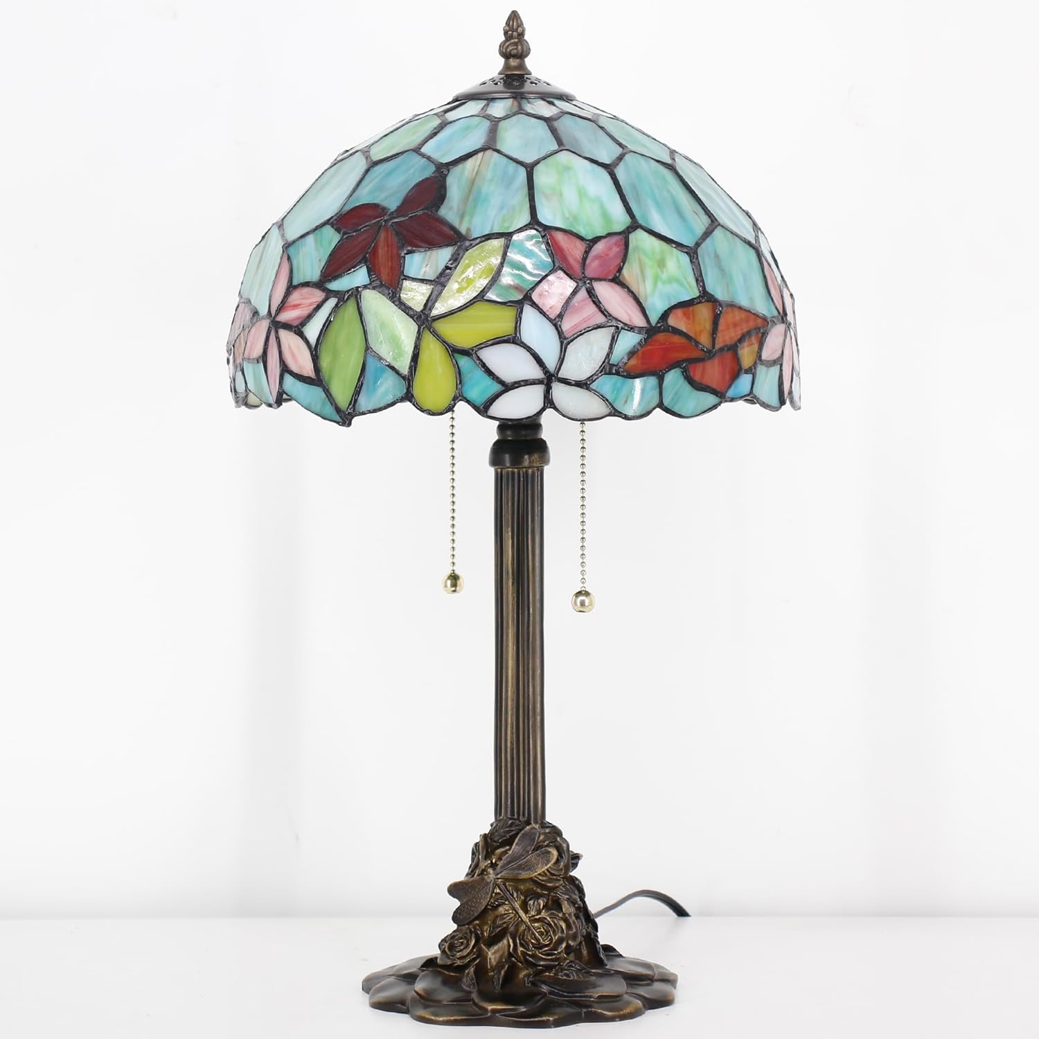 Tiffany Table Lamp Stained Glass Desk Lamp 12X12X21Inch Resin Base for Bedroom Living Room Reading Light (Green Red Flowers)