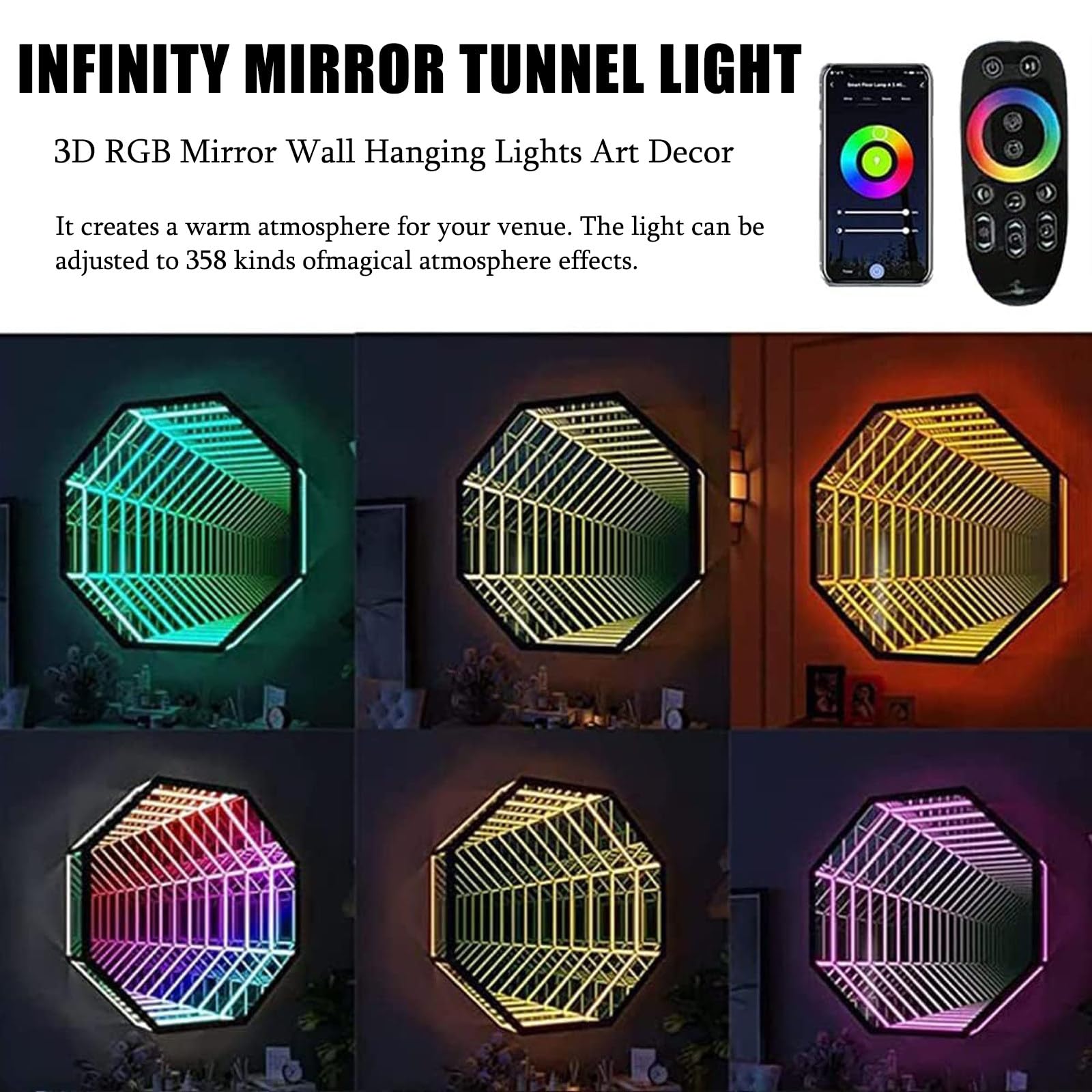 Luz De Noche De TúNel Rgb, LáMpara De TúNel Con Espejo Infinito, Luces Colgantes De Pared Con Sensores Remotos, Luz De TúNel Multicolor Para Sala De Juegos,hexagon-30cm