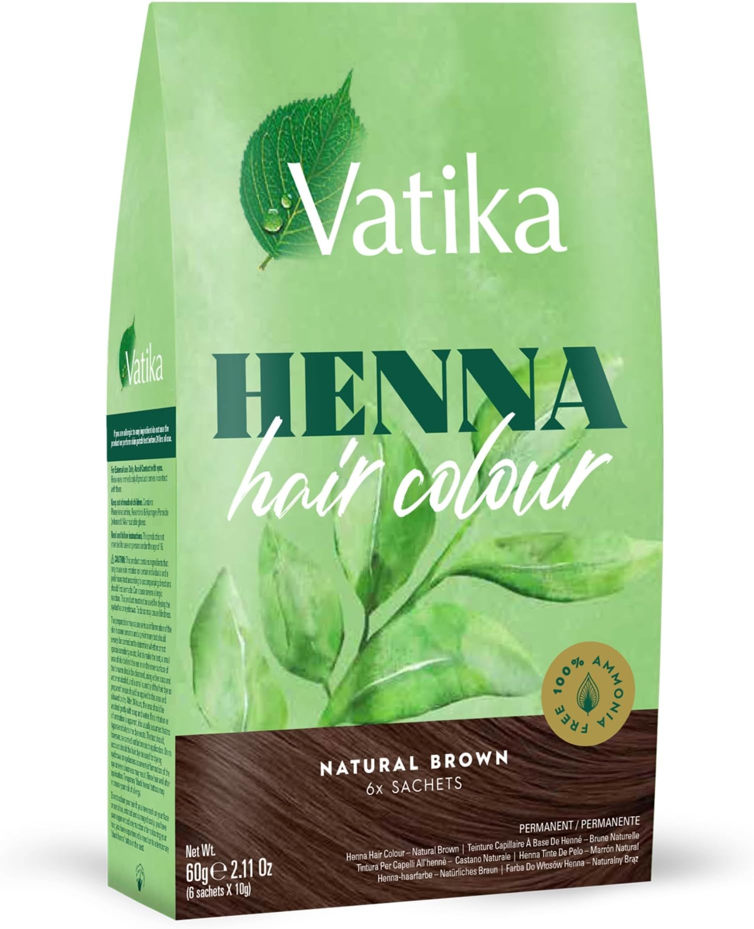 Vatika Henna Natural Brown Hair Colour - 60g (6 x 10g Sachets),100% Ammonia Free, For Vibrant Color, Shine, & Coverage (Packaging May Vary)