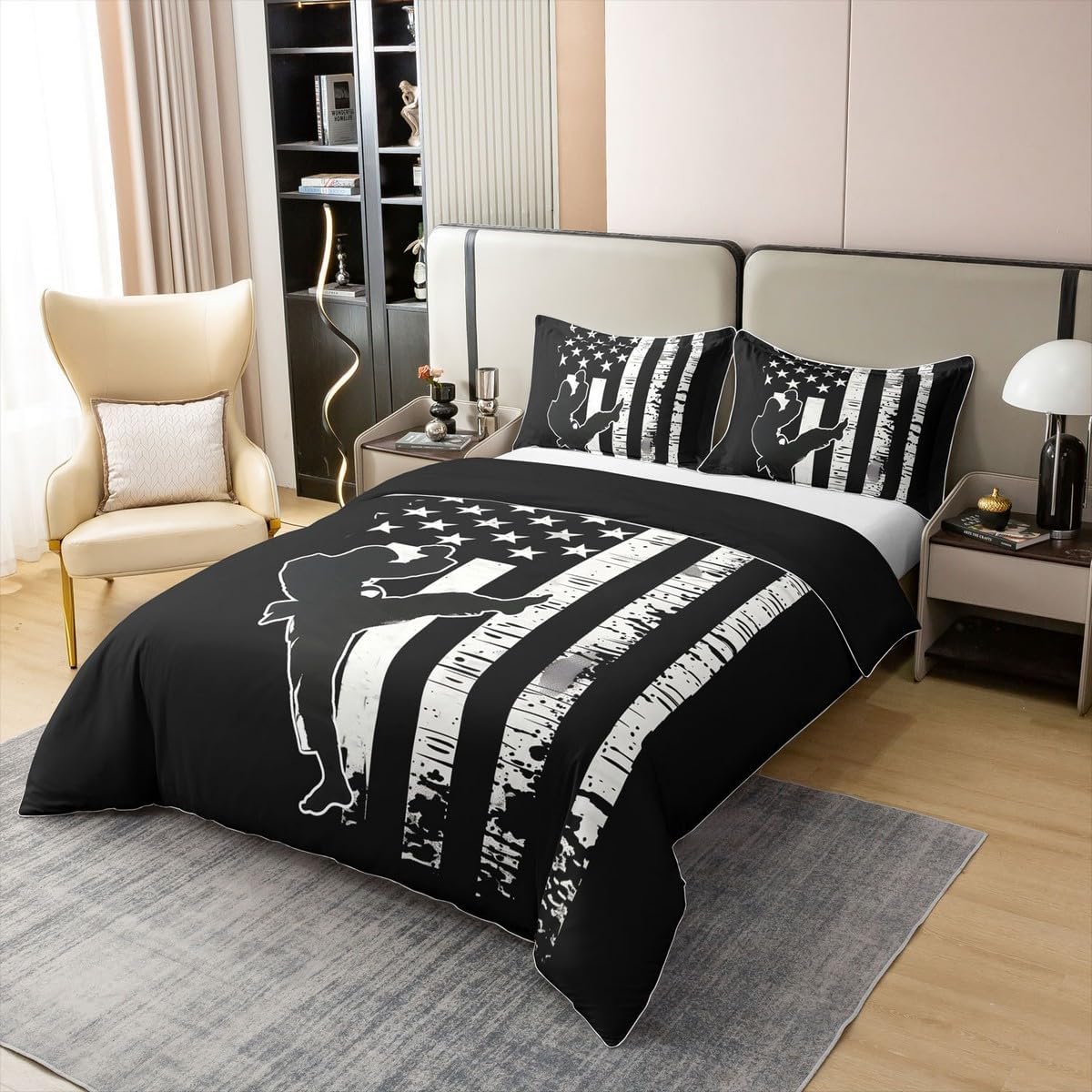 Manfei Taekwondo Full Size Cotton Duvet Cover,Modern Sports Game Athlete Silhouette Quilt Cover(No Filler),Retro American Flag Hippie Graffiti Black Comforter Cover for Kids Adults Bedroom