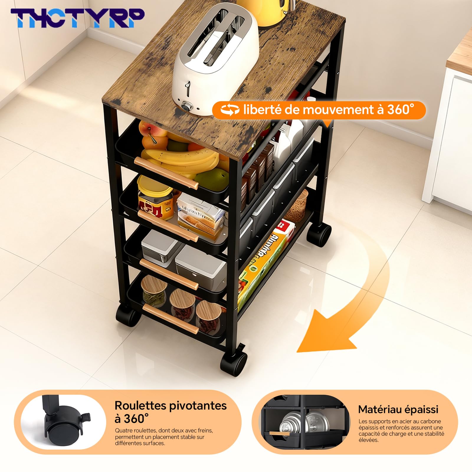 desserte à roulettes, Etagere Salle de Bain, Chariot 5 étages 4 tiroirs, roulettes 360° avec 2 Freins, adapté pour Cuisine et Salon, Salle de Bain, etc.