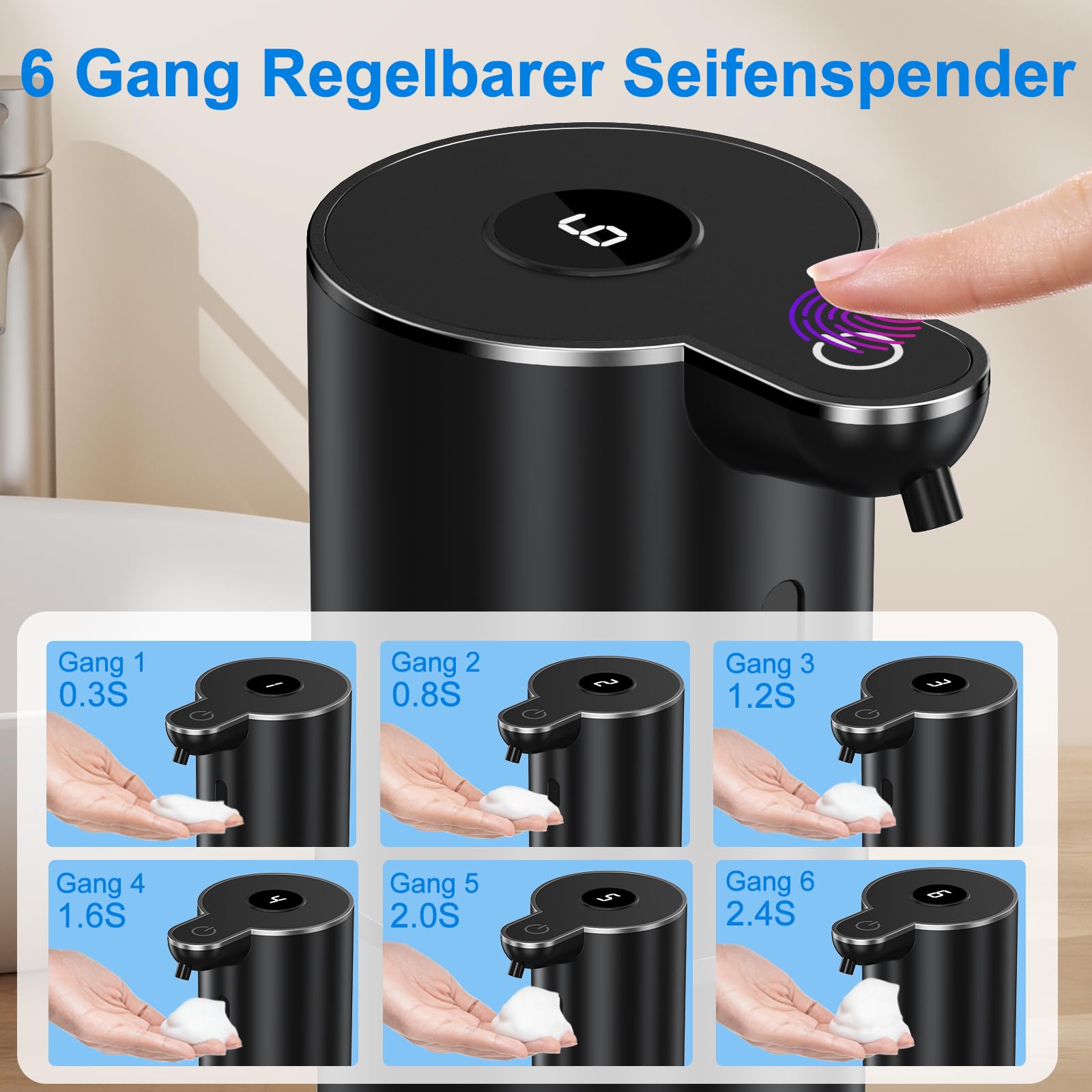 Fantictas Seifenspender Automatisch, Elektrischer Schaumseifenspender mit Display, USB-Wiederaufladbarer,6-Stufig Einstellbar, 380ml Wandmontage für Badezimmer/Küche/Geschirrspülmittel, Schwarz