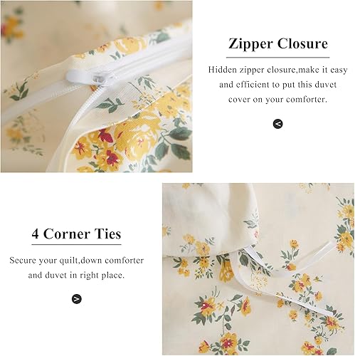 Miniatura 5 de VClife Juego de funda de edredón color crema tamaño Queen  Juego de ropa de cama de algodón suave con estampado floral amarillo, cierre de