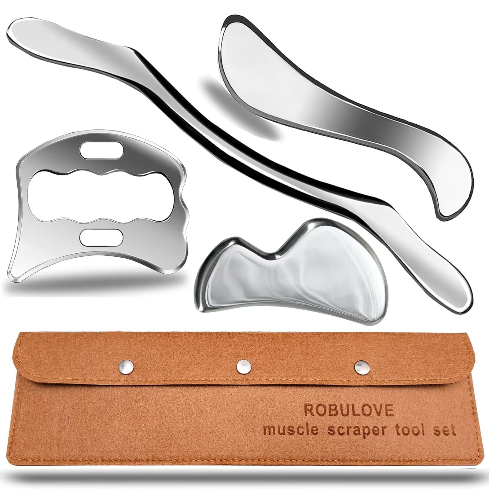 Robulove 4 in 1 Muscle Scraper Tool Set, Stainless Steel IASTM Physical Therapy Tools for Myofascial Release and Muscle Recovery