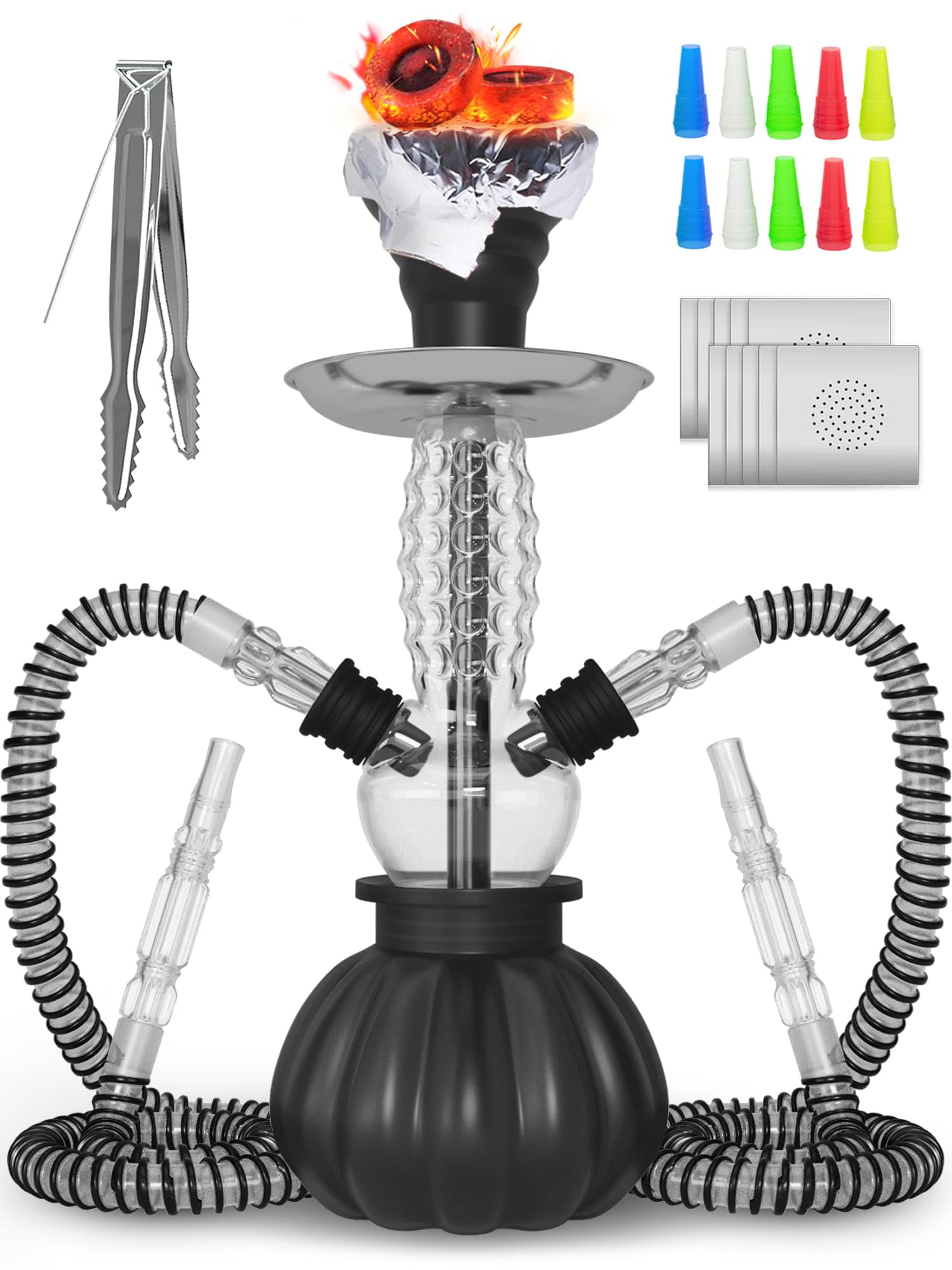 Black Hookah Set 2 Hose Hookah - Picolo 12” Black Mini Hookah 2 Hose Hookah Set with Silicone Hookah Bowl 2x Hookah Black Hose 50x hookah foil with holes 10x hookah tips disposable & Tongs
