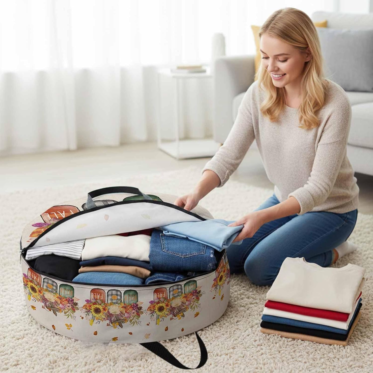 Fall Thanksgiving Round Storage Bag 36 Inch, Pumpkin Sunflowers Linen Texture Clothes Storage Container with Handles Heavy Duty Organizer for Comforter, Bedding & Holiday Wreaths