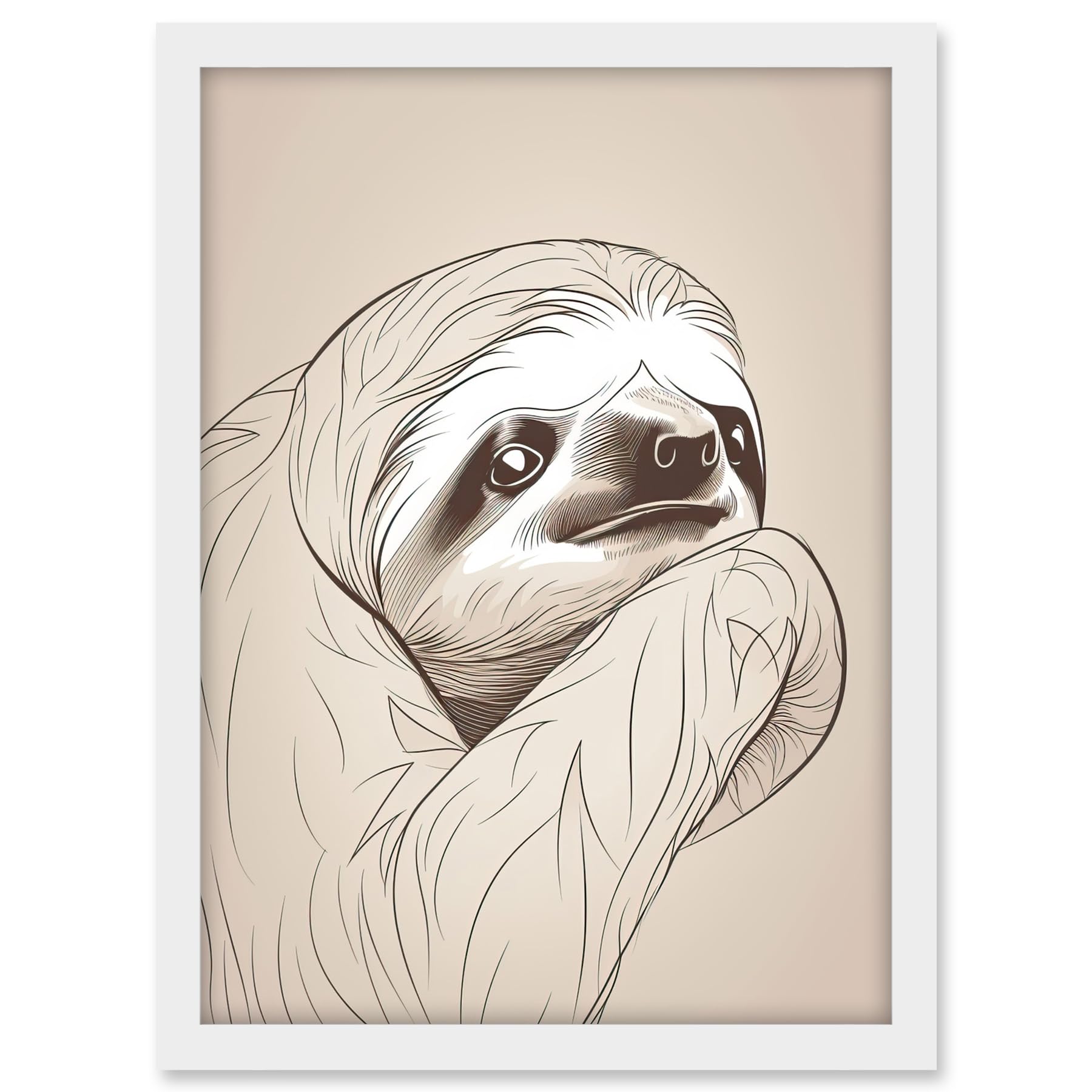 Artery8 Sloth Line Drawing Illustration with Highlights Artwork Framed A3 Wall Art Print