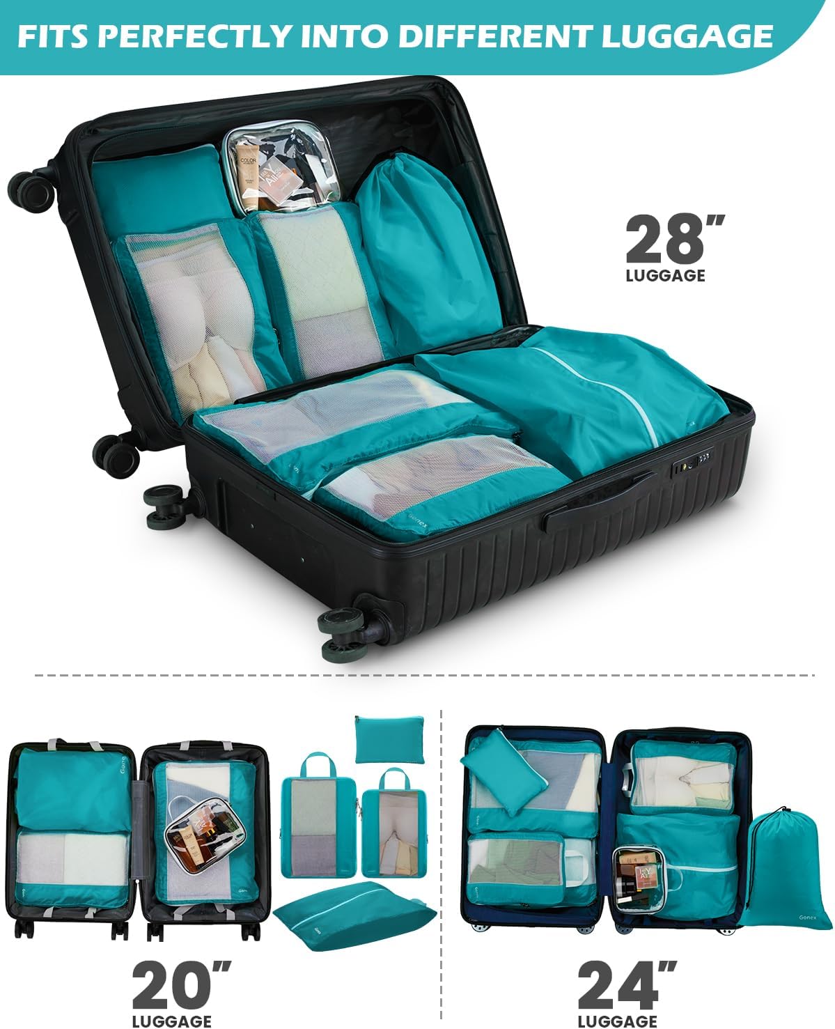 Gonex 8 Set Compression Packing Cubes, Expandable Mesh Organizer for Travel Accessories, Essentials With Toiletry, Laundry, Shoe, Cable Bags for Suitcases, Blue