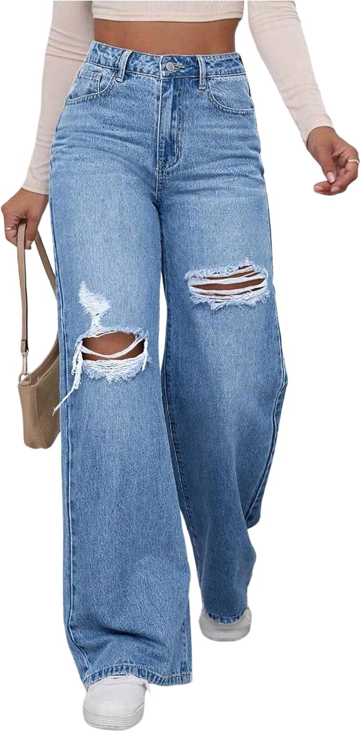 GORGLITTER Girl's Baggy Jeans Elastic High Waisted Wide Leg Y2k Distressed Ripped Casual Denim Pants Trouses Streetwear
