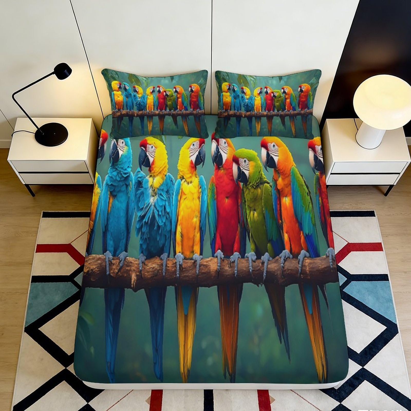 3D Printed Colorful Parrots Fitted Sheet Microfiber Anti-Slip Macaw Birds Mattress Cover Bedroom Decor Easy Care 90x200x25cm