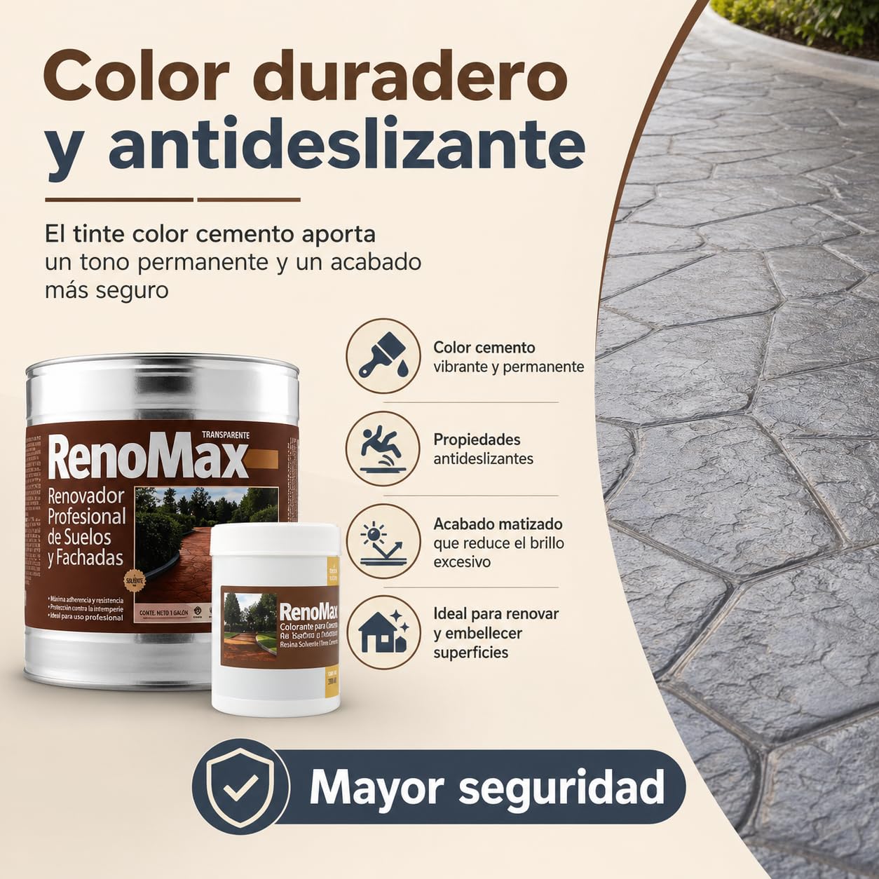 Renomax - Resina Hormigon Impreso y Superficies Porosas Al Disolvente + Tinte Hormigon Impreso Color Cuero, 5L Cubre hasta 50m² | Repara y Protege Suelos,Fachadas | Fácil de Aplicar, Garantía 5 Años