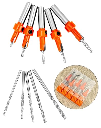 Miniatura 4 de QWORK Juego de brocas avellanadoras de madera, 5 brocas de encimera y 5 brocas piloto adicionales, vástago redondo de 516 pulgadas, brocas y llaves