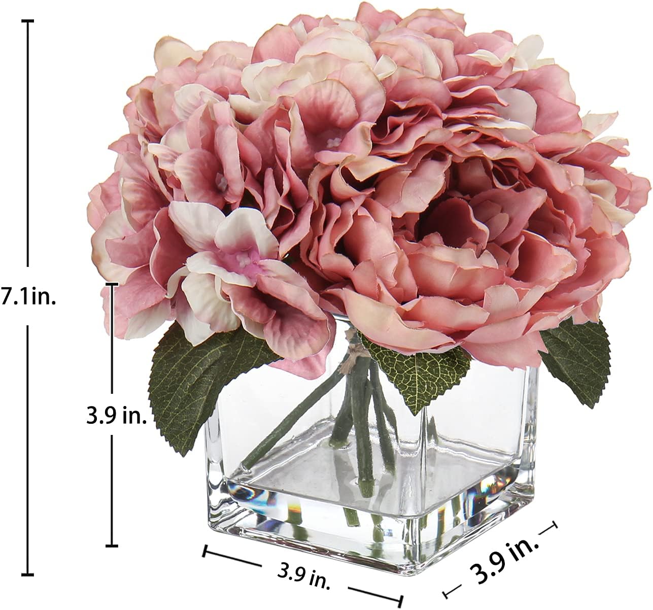 Pink Fake Flowers with Vase Hydrangea Artificial Flowers in Vase Peony Faux Flowers in Vase Rose Silk Flowers Peonies Floral Arrangements Artificial with Vase for Home Office Table Shelf Decoration