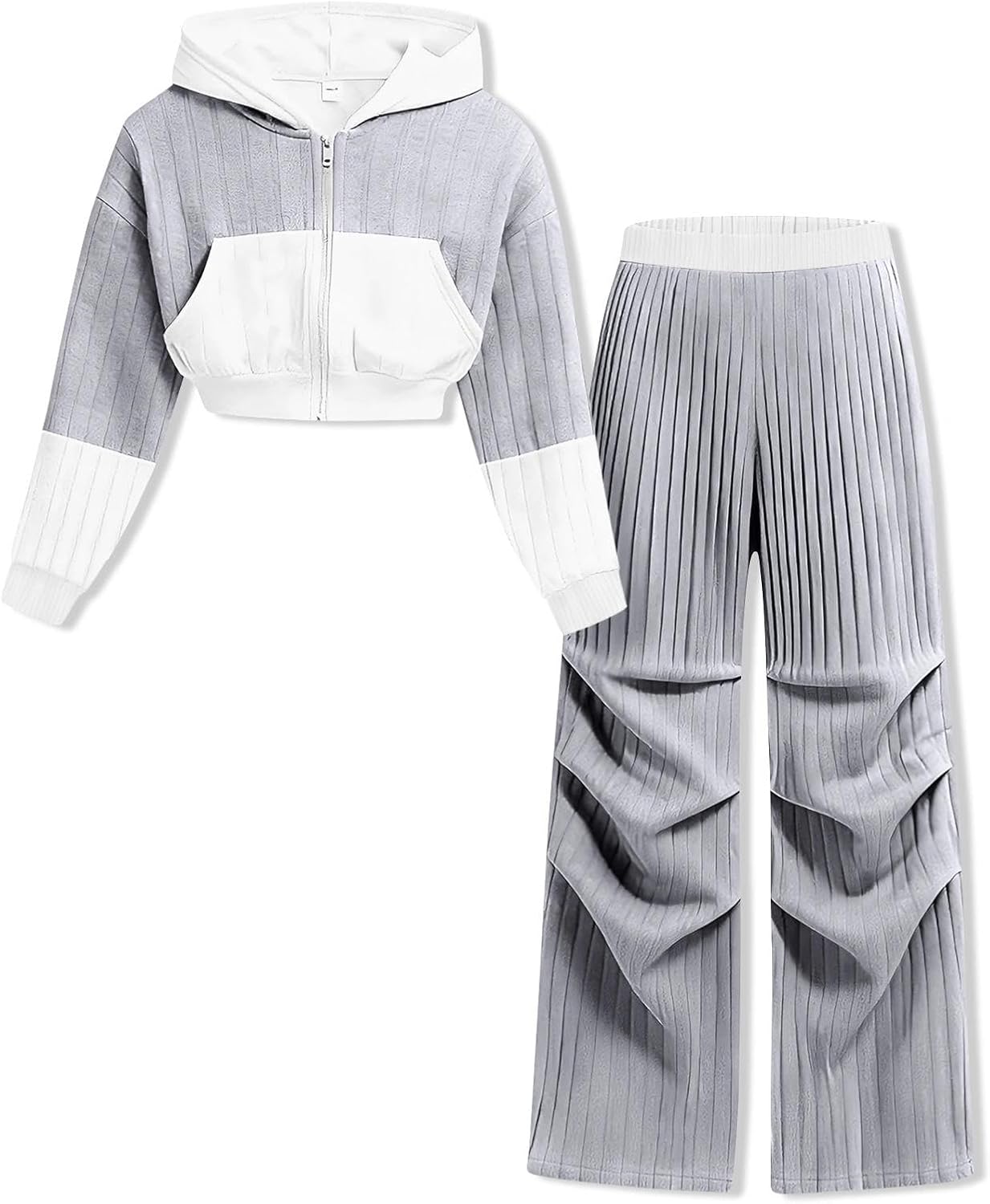 Sizes 7-14 Years Girls 2 Piece Outfit Crop Zip Hoodies & Loose-Fit Pants Treen Girls Fall Winter Clothing Set