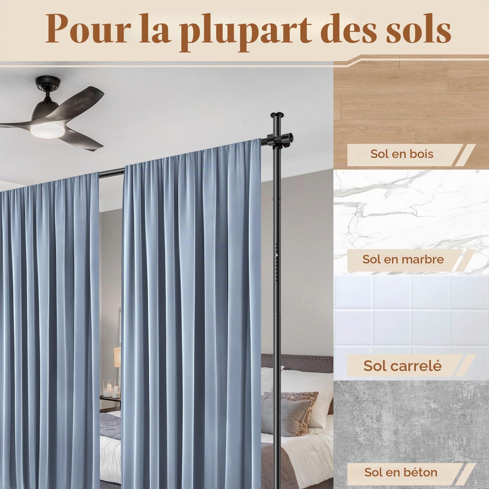 Todeco Tringle à Rideaux sans Percage Tringle de séparation de pièce Noir