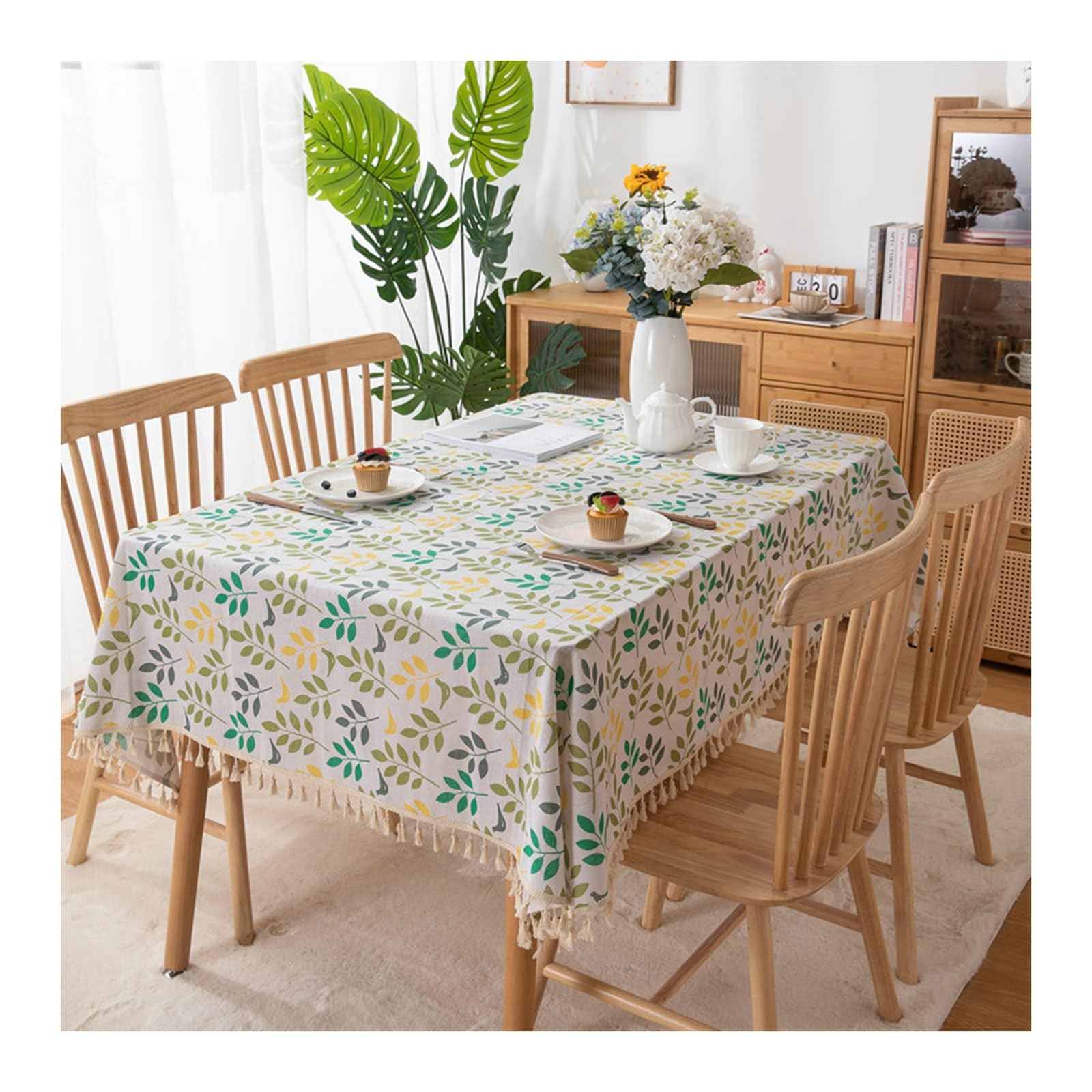Gualiy Manteles Cuadrados Restaurante, Poliéster Algodón Manteles Mesa 140x260CM Mantel de Mesa Lavable Hojas Estampadas con Borlas Manteles para Mesa de Centro, Colorido