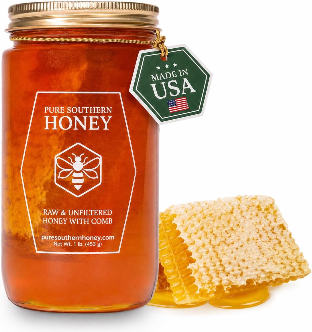 100% Raw Unfiltered Honey With Honeycomb by Pure Southern Honey [1lb] - Authentic, USA - Made Gallberry - Pure Unheated - Non - GMO, Unsweetened, Sugar - Free, Real American Honey With Comb