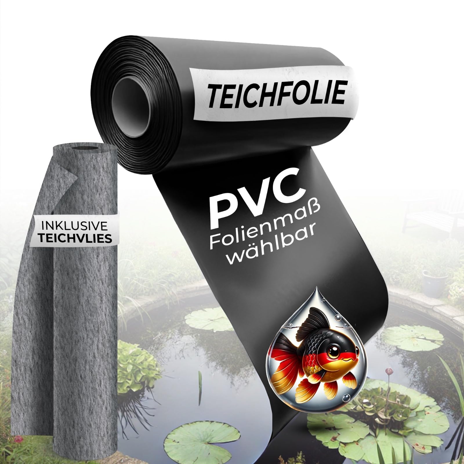 Teichfolie mit Vlies | Teichfolie 6 x 6 m | Teichfolie 1mm PVC Schwarz mit Teichvlies 300g/m² für Teich, Gartenteich, Schwimmteich – Made in Germany | Teichfolie 6 x 6 m