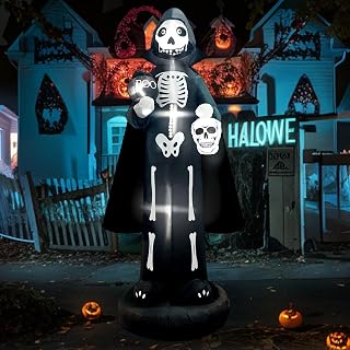 10FT Halloween Inflatables Outdoor Decorations, Skeleton Ghost Outdoor Decoration Blow Up with LED Light, Scary Sandbags Stakes Strings Halloween Inflatables for Garden Lawn Party Decor