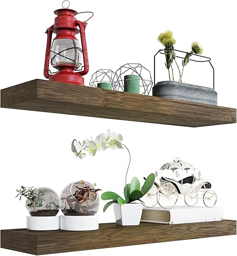 BAMFOX Juego de 2 estantes flotantes estantes de pared de bambú natural estantes de pared para montaje en pared estante de exhibición con gran