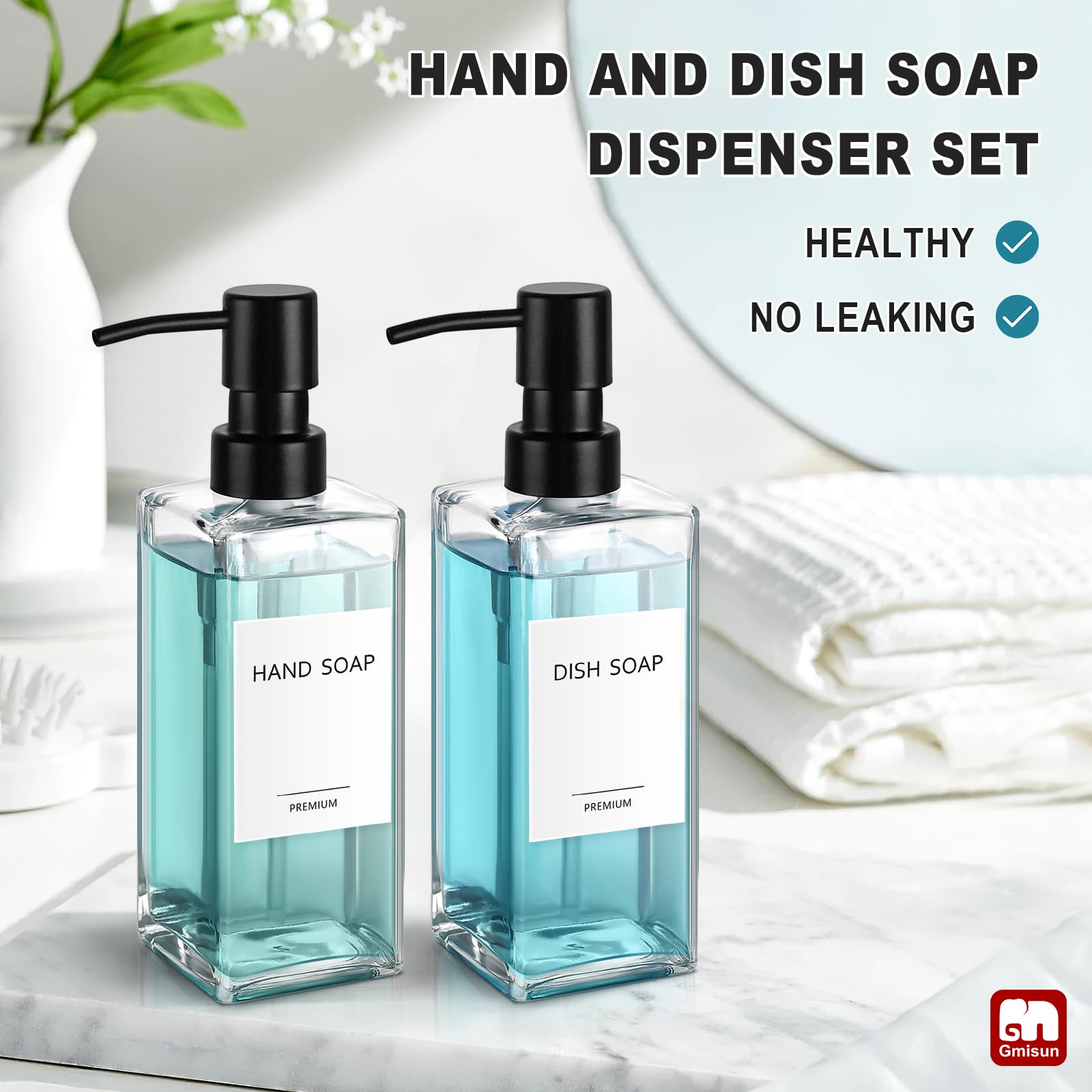 GMISUN - Dispensador de jabón de vidrio con bomba de acero inoxidable, dispensador de jabón de manos transparente para baño, 350 ml, juego de dispensadores de jabón de manos y platos para cocina