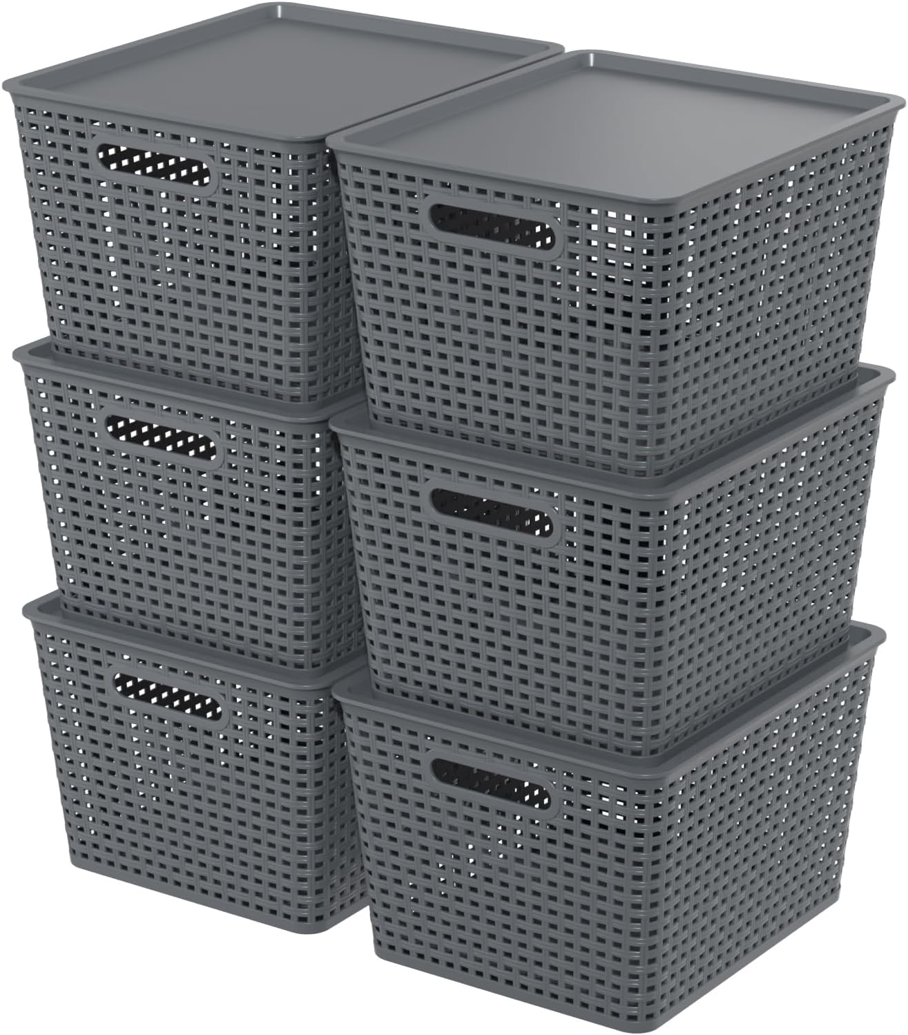 Wekioger 6-Pack Large Plastic Weave Storage Basket with Lid, Lidded Organizer Baskets Bin, Grey