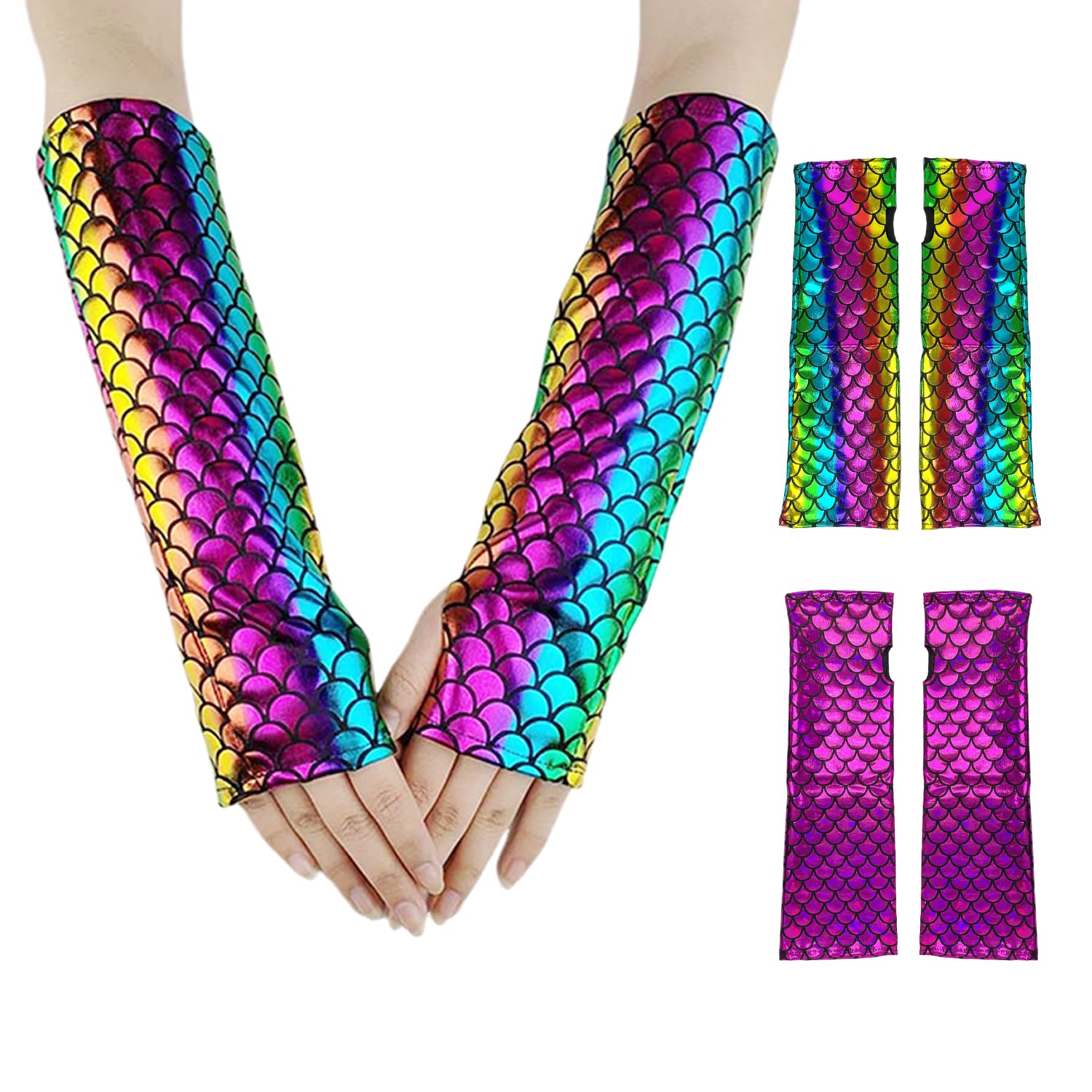 CYNOSURETECH 2 Pairs of Fish Scale Fingerless Gloves, Mermaid Scale Gloves, Fish Scale Half Finger Gloves, Halloween Stage Performance Gloves, Costume Accessories