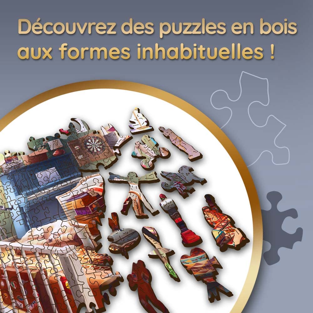 Trefl - Casse-tête en Bois : Les Trésors du Grenier - 500+1 pièces, Wood Craft, Formes Irrégulières, 50 Figures, Puzzle Moderne, pour Adultes et Enfants de 12 Ans et Plus