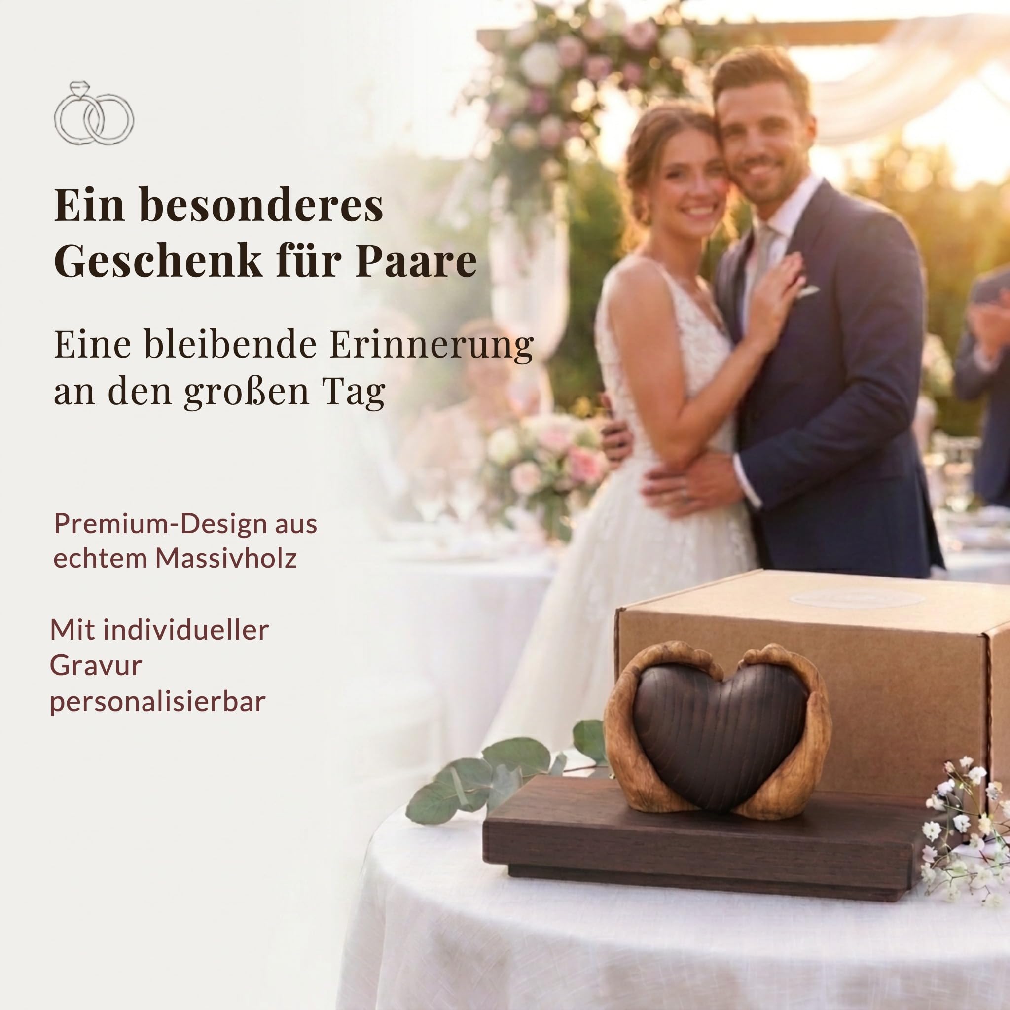 Hochzeitsgeschenk aus Holz - Hochwertiges Geschenk mit Bleibendem Wert | Herz für das Brautpaar oder zum Jahrestag, Hochzeitstag, für Goldene & Hölzerne Hochzeit - Personalisierbar - aus Massivholz