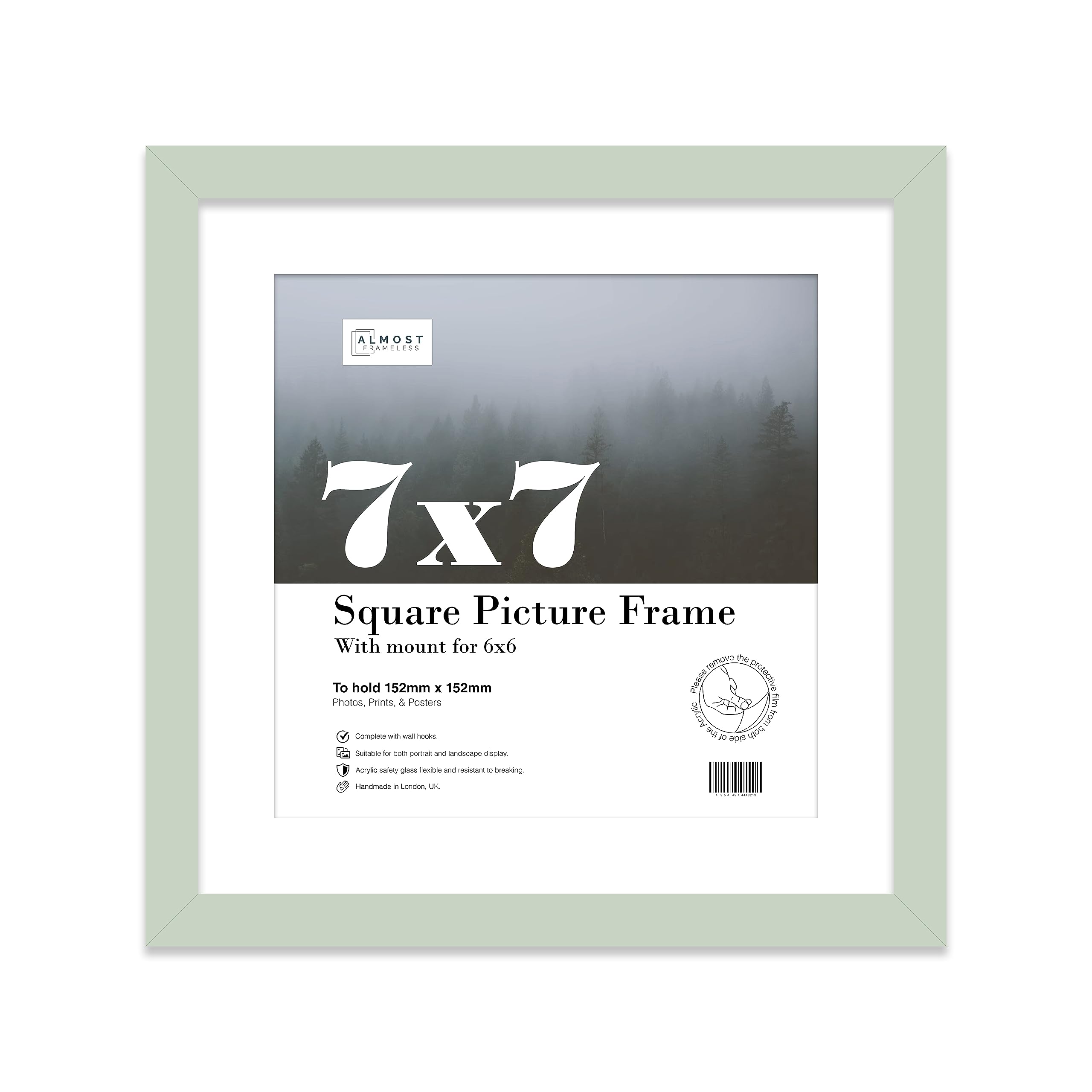 Almost Frameless 7x7 Picture Frame, Display Pictures 6x6 With Mat or 7x7 Without Mat, Wall Hanging & Free Standing Photo Frame, Mint, 1 Pack