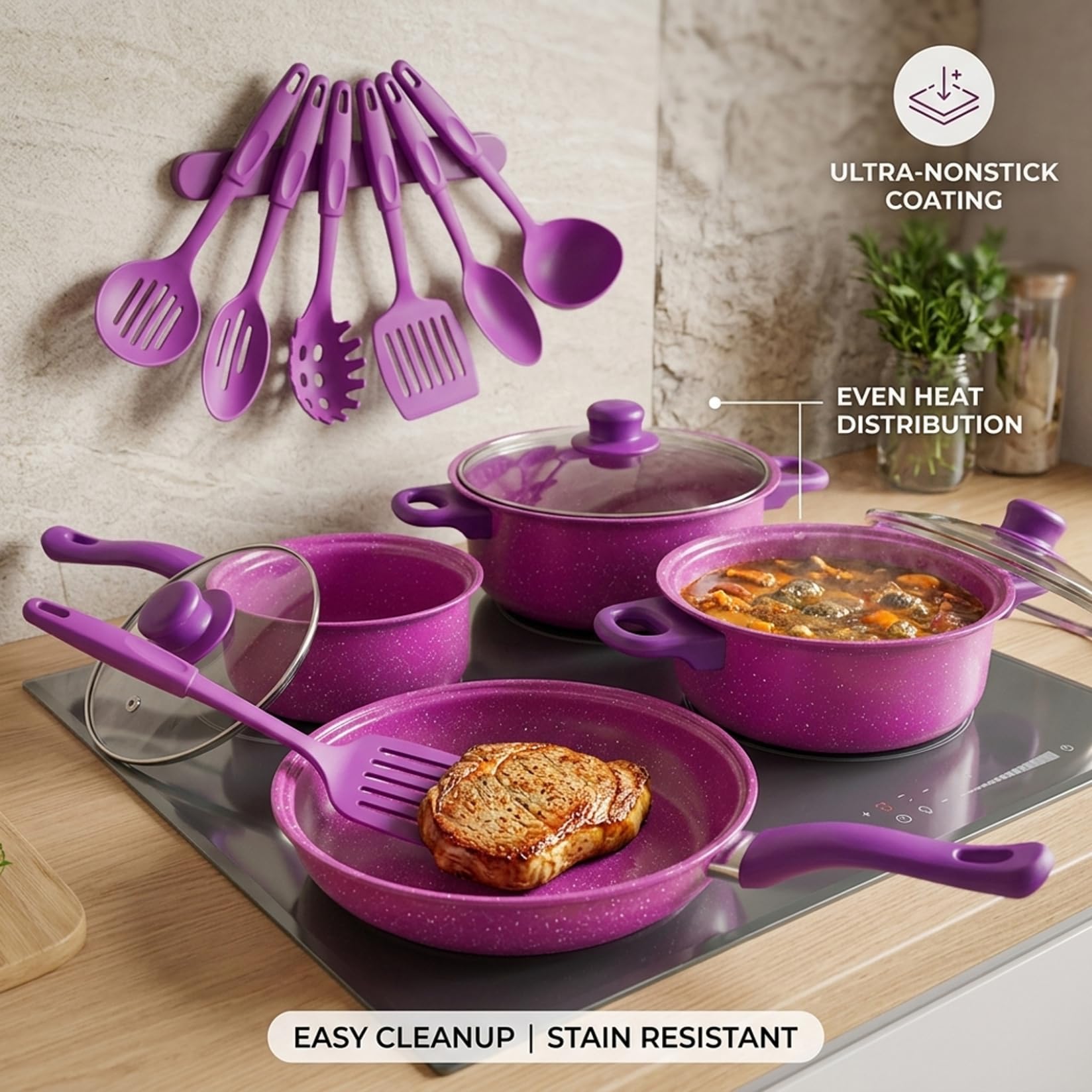 Set Di Pentole Antiaderenti, Set Di Pentole Antiaderenti Da 13 Pezzi, E Padelle Con Padella, Pentola Per Il Latte E Utensili Per La Cucina Casalinga, Viola..