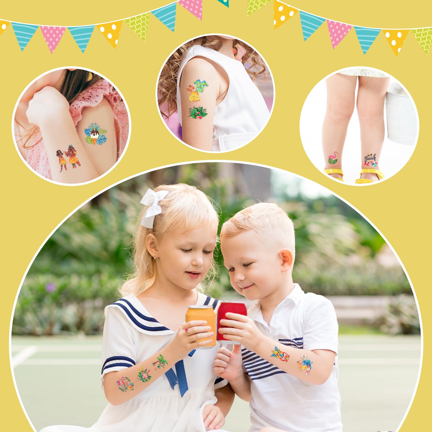 Partywind 204 PCS Glitter Hawaiian Luau Tattoos for Kids Party Decorations, Hawaiian Luau Tattoo Stickers for Pool/Beach/Tropical Party Supplies Favors, Hawaiian Games Goodie Bag Stuffers
