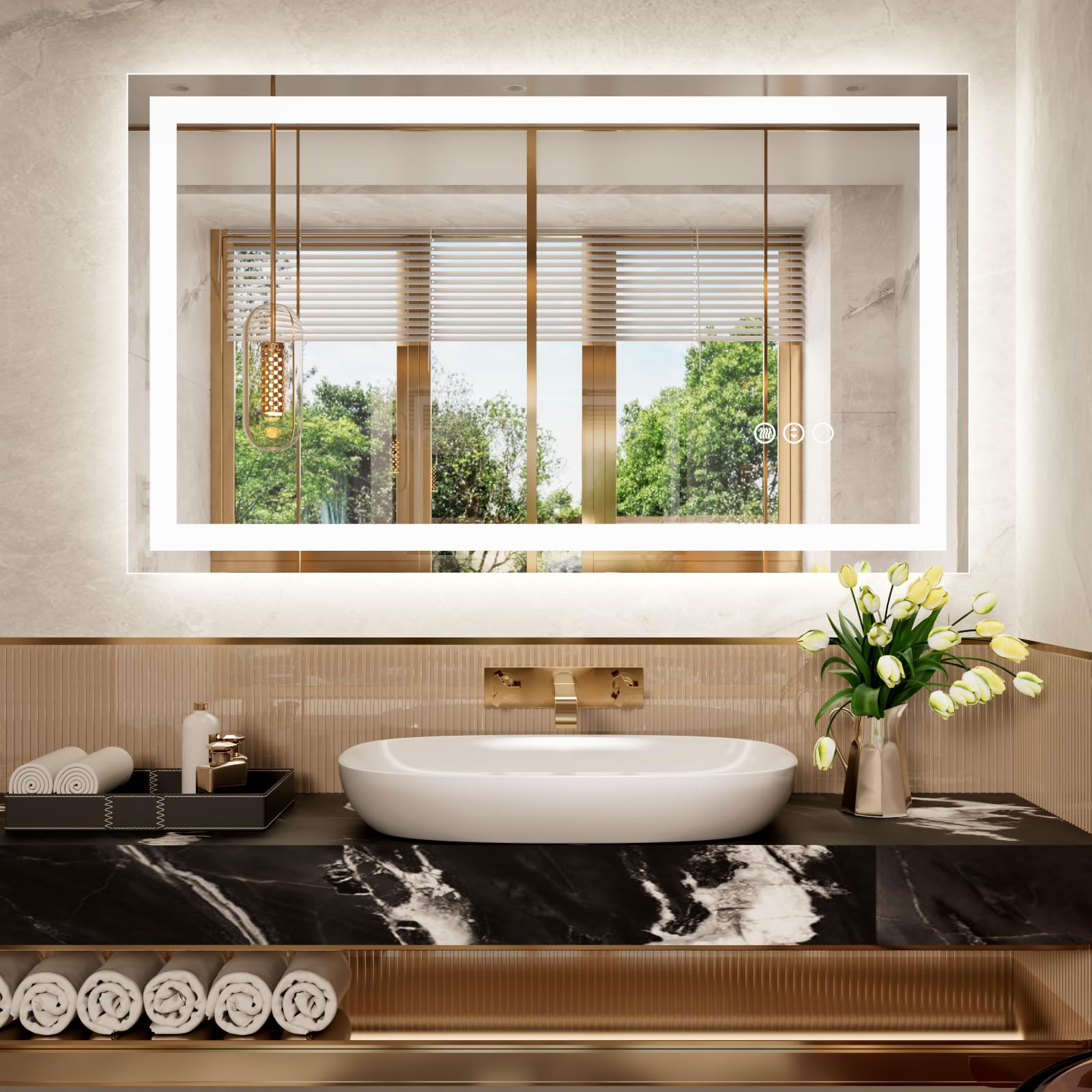 Snowdool Bathroom Mirror with LED Lights, 100x70cm Illuminated Backlit Wall-Mounted Vanity Mirror, Dimmable Switch 3 Colors, Anti-Fog, HD Tempered Glass, IP44 Waterproof, Horizontal/Vertical