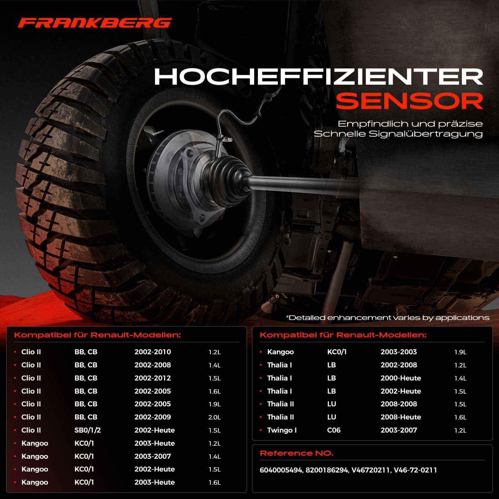 Frankberg Capteur de vitesse de roue ABS avant gauche droit 8200186294 | Compatible avec: Clio II BB CB, K.a.n.g.o.o KC0/1, Thalia II LU, Clio II boîte/hayon SB0/1/2, Twingo I C06