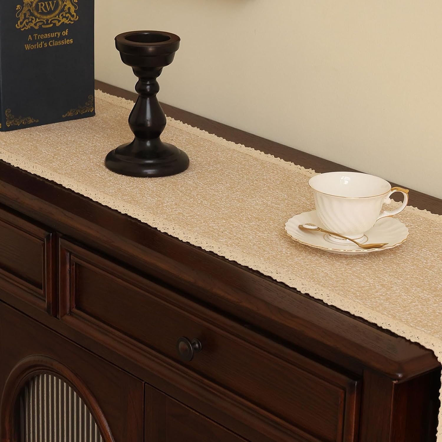 Boho Dresser Cover Top: Beige Handwoven Cotton Dresser Runner for Bedroom Furniture, Non-Slip Farmhouse Dresser Scarf and Scarves,Mashine Washable(12x48 inches)