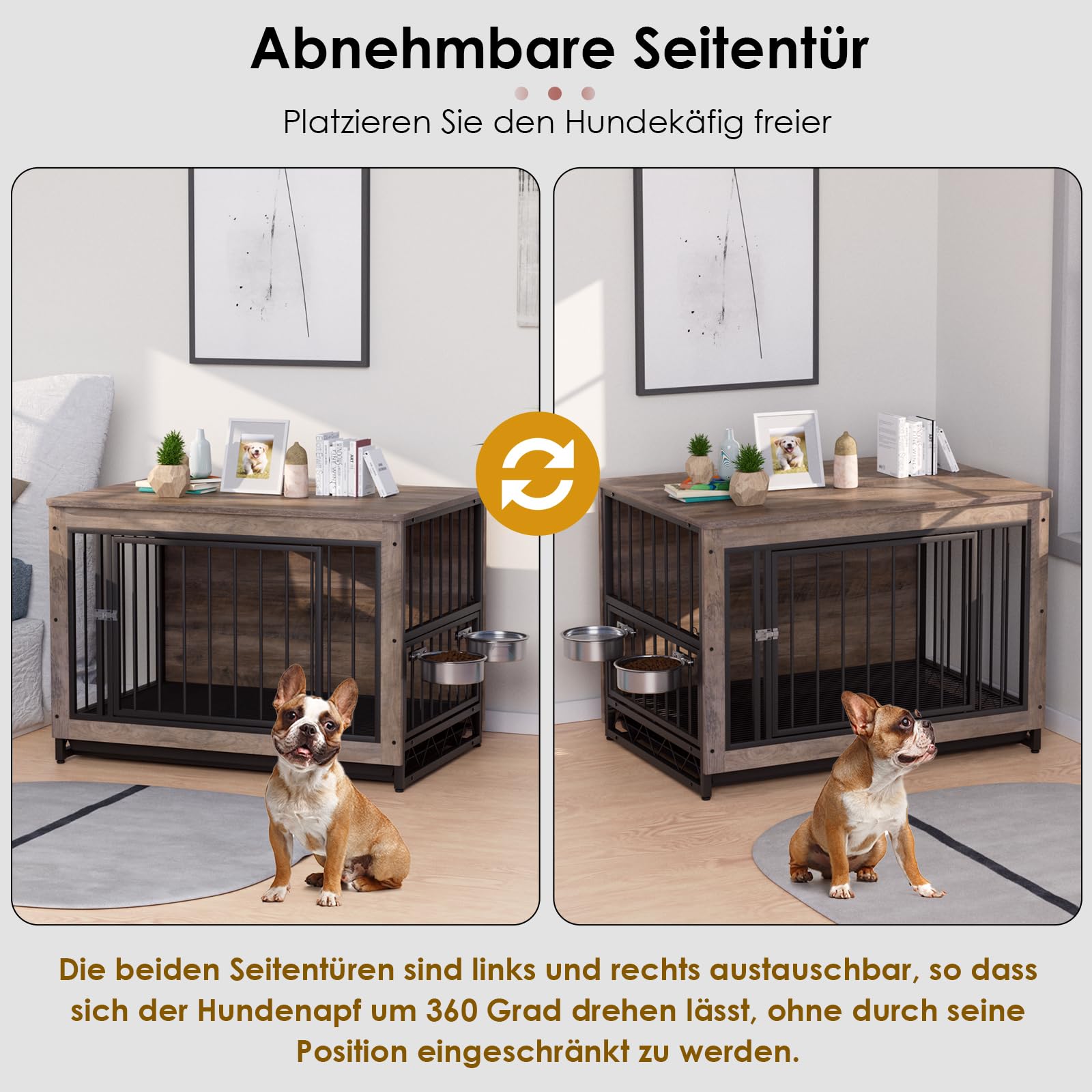 Jaulas para Perros, 93x64x58cm, Jaula Perro Grande para Casa de Madera, Dog Crate con 2 Comederos y Puertas para Perros, con Bandeja Extraíble, Jaula para Perros Medianos Pequeños hasta 40kg, Gris