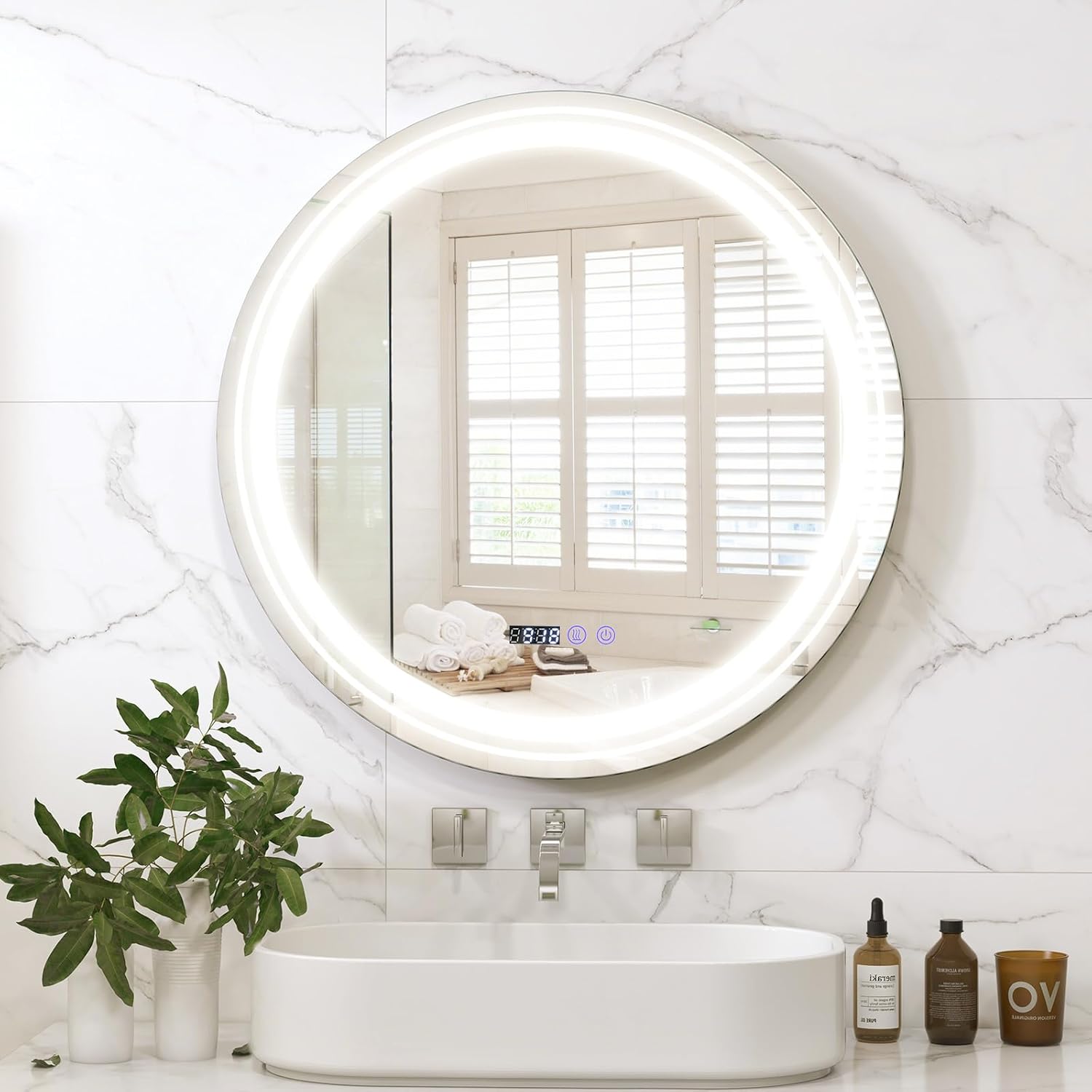 CHARMAID LED Bathroom Mirror - 28 inch Lighted Vanity Mirror Wall Mounted, 3 Lighting Colors, Adjustable Brightness, Anti-Fog, Time & Temp Display, Round Makeup Mirror with Lights