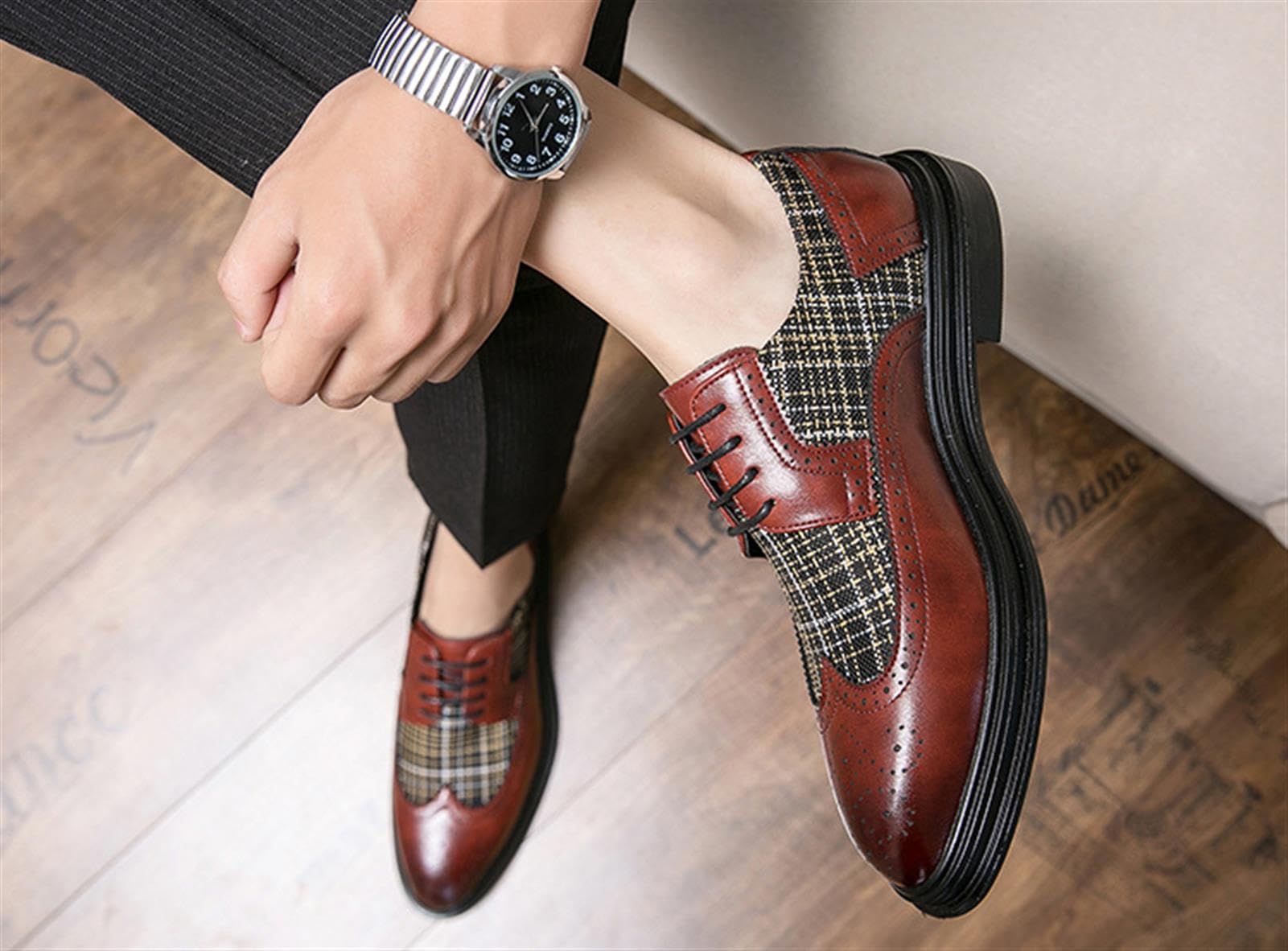 Herren Budapester Oxford Schuhe Klassische Lackleder Business Schuhe mit Kariertem Tweed Casual Festlich Hochzeit Elegant Derby
