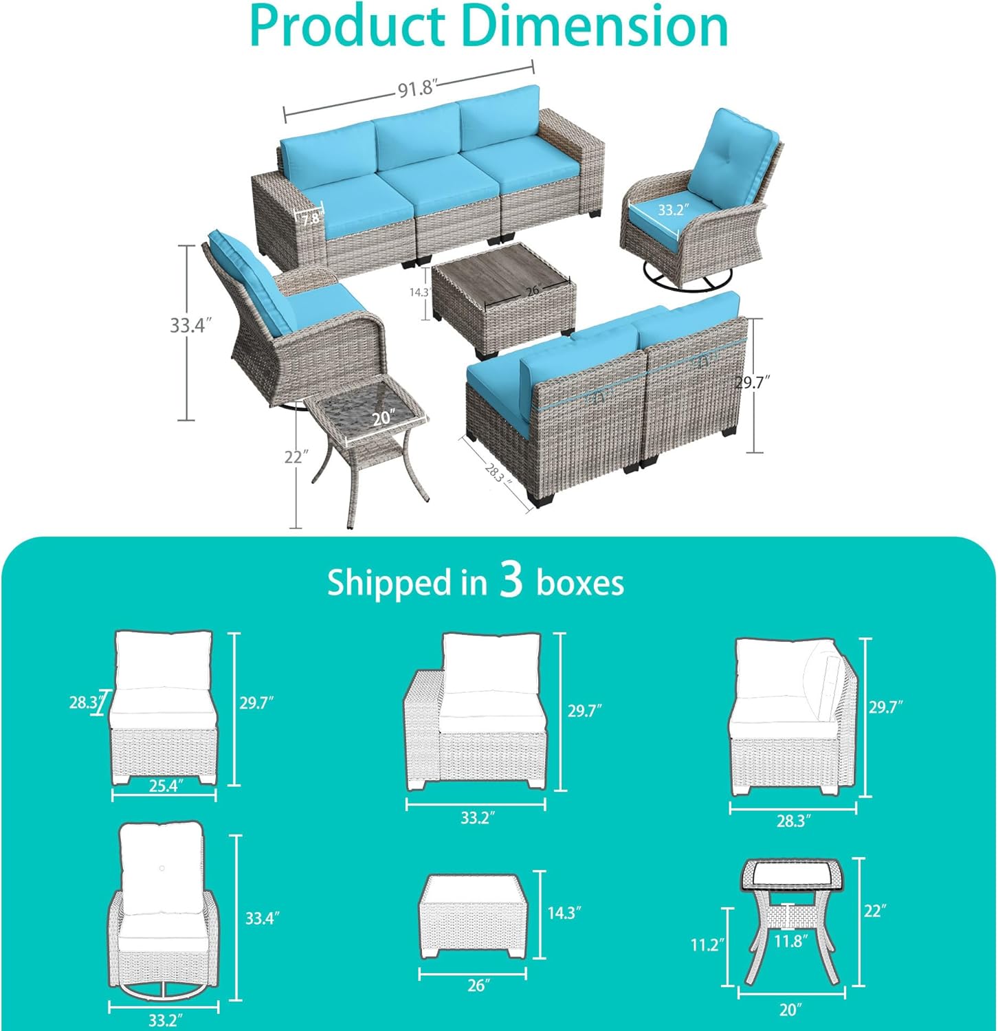 9-Piece Outdoor Patio Furniture Set with Rocking Swivel Chair Wicker Sectional Sofa Set, Patio Conversation Set with Thickened Cushions & Coffee Table for Garden, Backyard, Turquoise