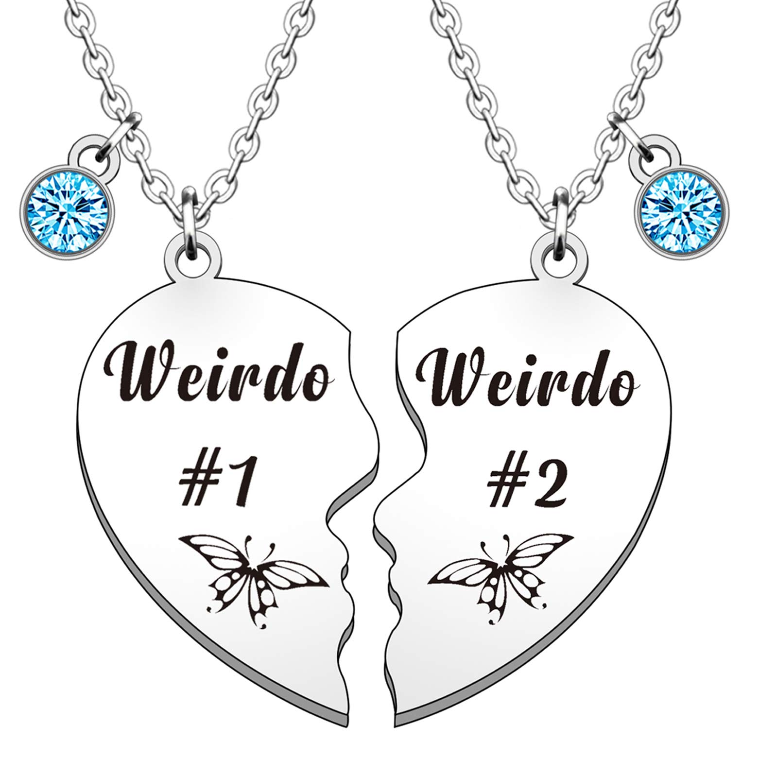Weirdo 1 and Weirdo 2 Best Friend Necklaces For Girls BFF Friendship Gifts Blue Crystal Matching Love Heart Charms Birthday Christmas Jewellery Present