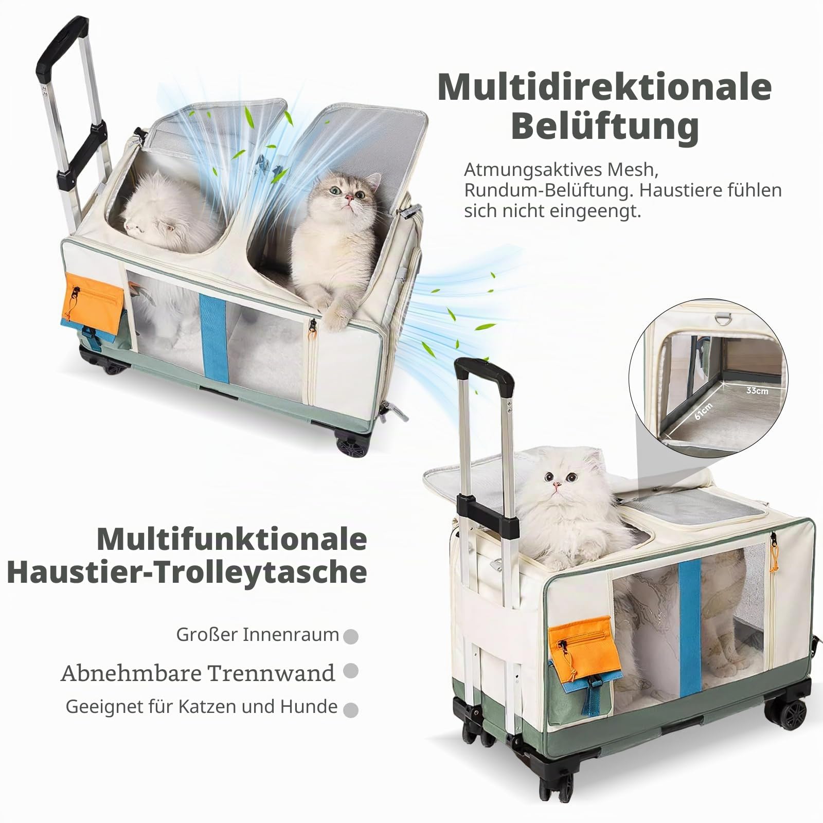 PETCUTE Haustier-Transporttasche mit Zwei Fächern und Abnehmbaren Rädern,Atmungsaktiv,Katzentrage für 2 Katzen,Faltbare Tragetasche mit Rollen für 2 Katzen/Hunde,für Reisen/Spazierengehen/Camping