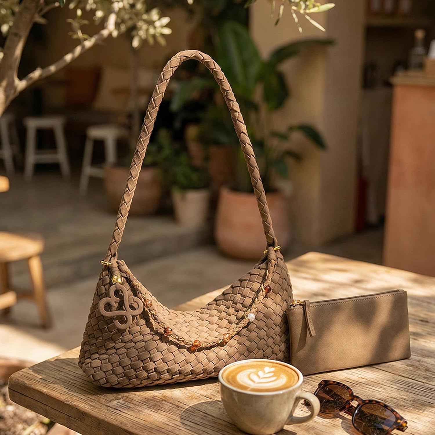 Suede Woven Shoulder Bag for Women - Small Soft Faux Leather Hobo Handbag with Pouch, Slouchy Underarm Tote for Daily Travel
